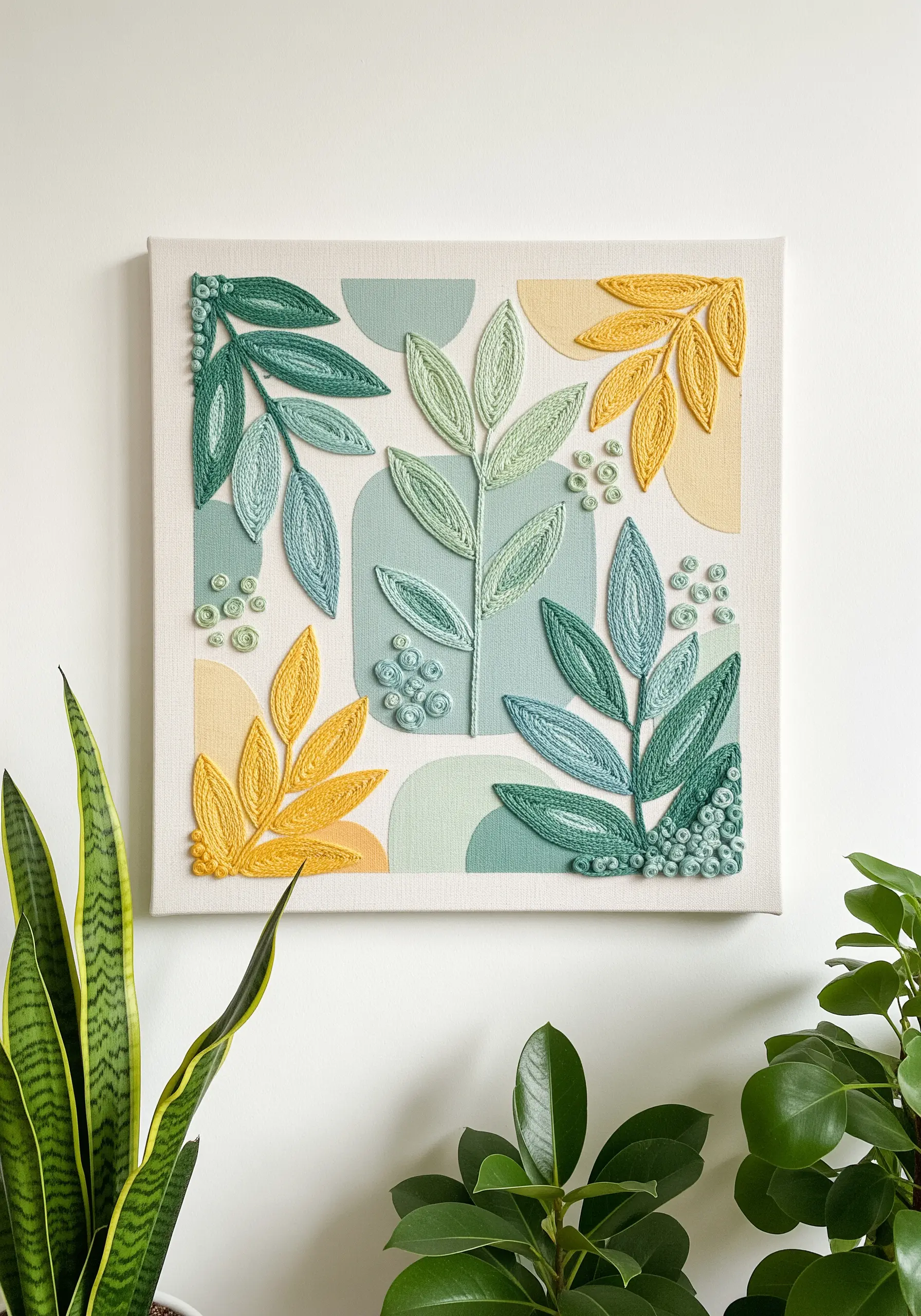Yarn-wrapped leaves and french knots on a painted canvas with botanical shapes.