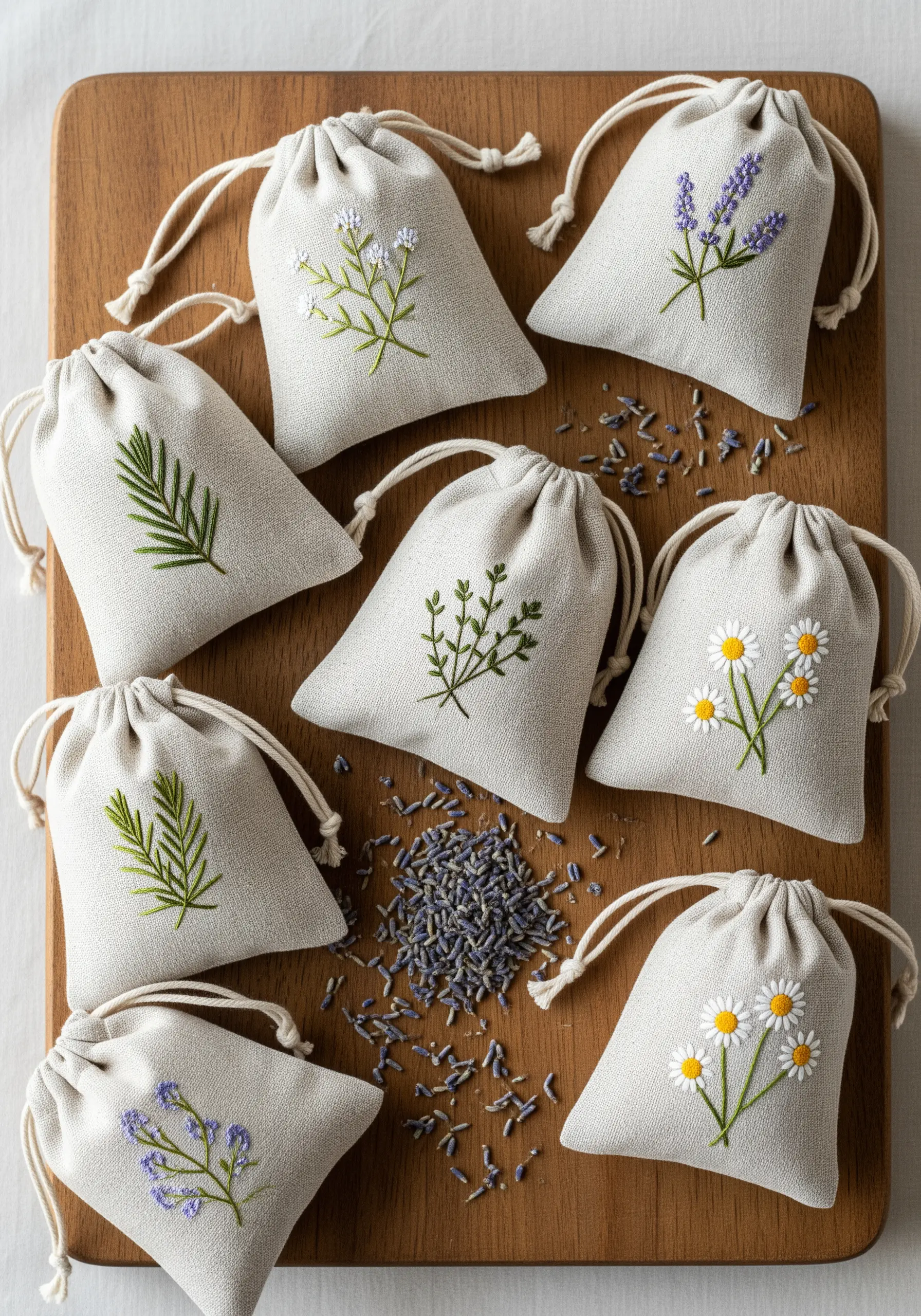 A collection of small linen lavender sachets with various embroidered botanicals.