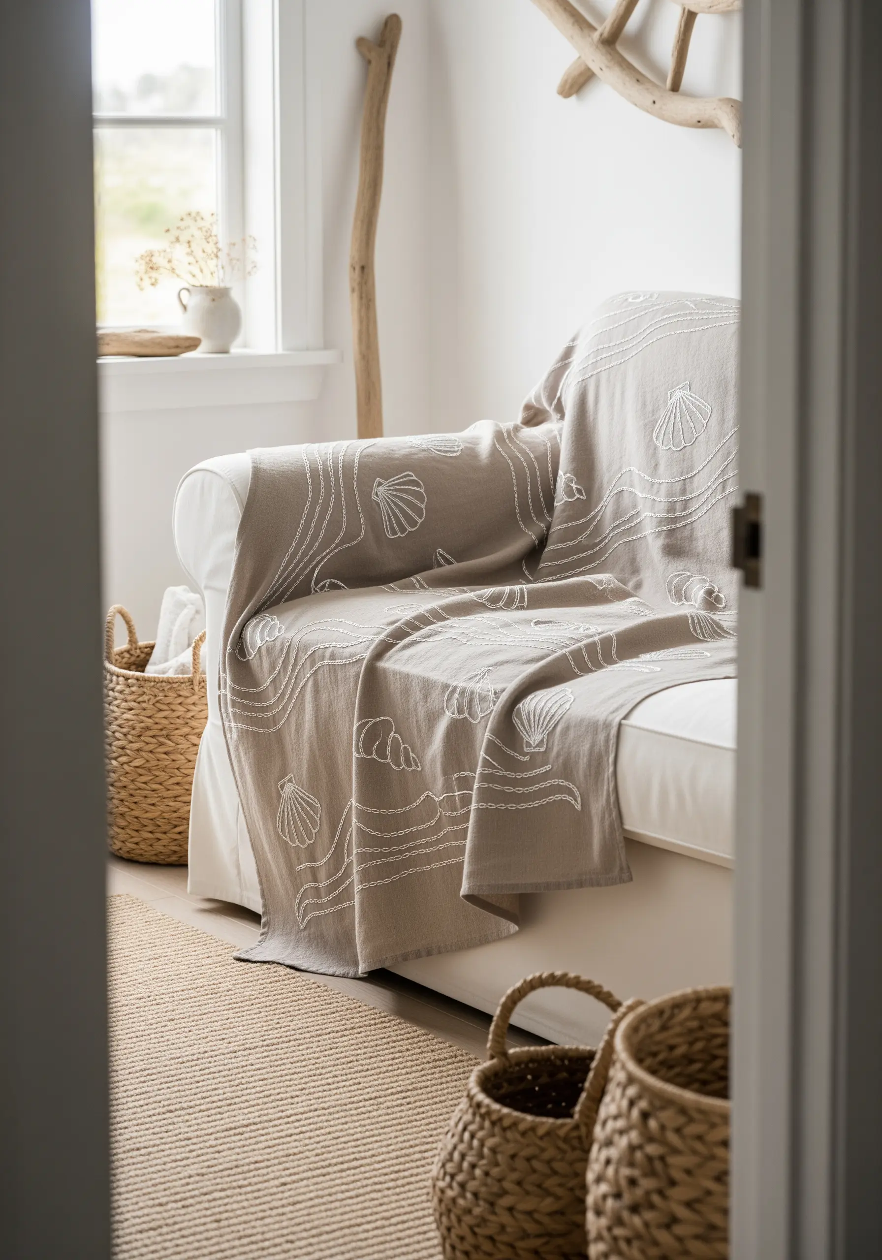 Line-art embroidery of seashells and waves in white thread on a light brown throw.