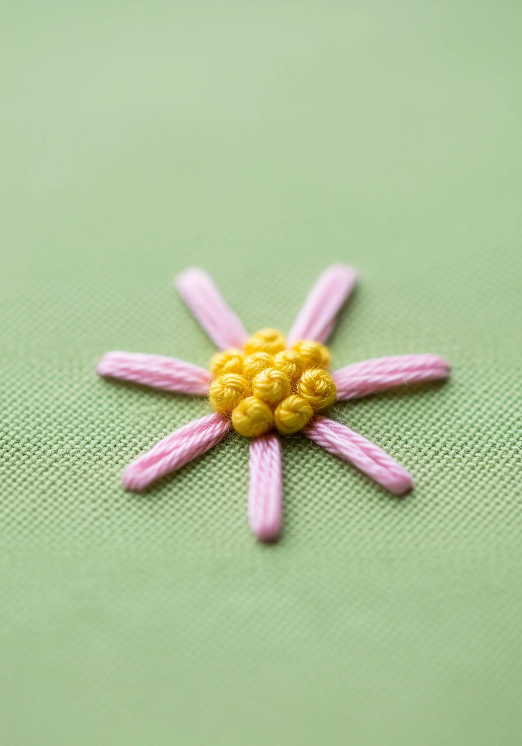 A close-up of a simple embroidered daisy with pink petals and a yellow French knot center.