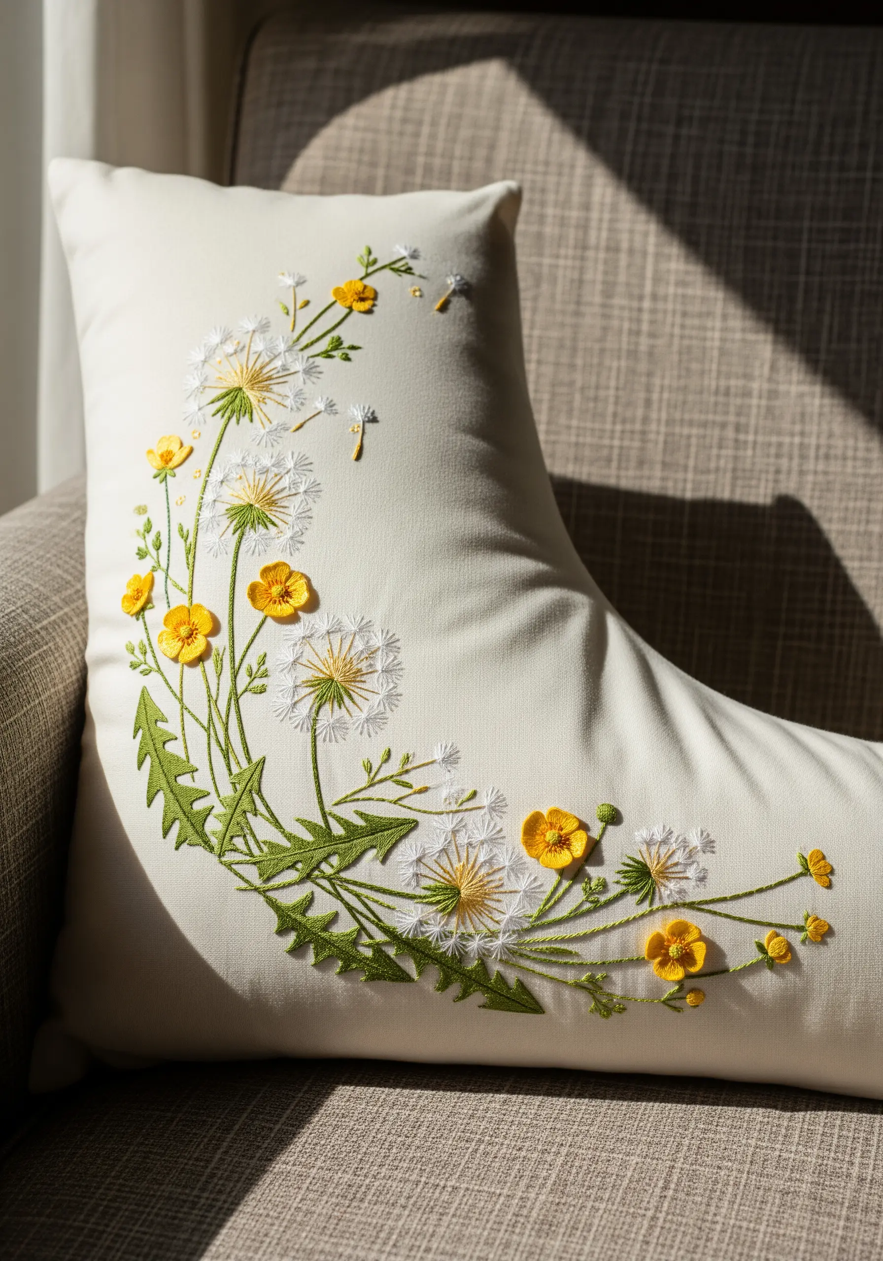 Embroidered dandelions and yellow buttercups on the corner of an off-white pillow.