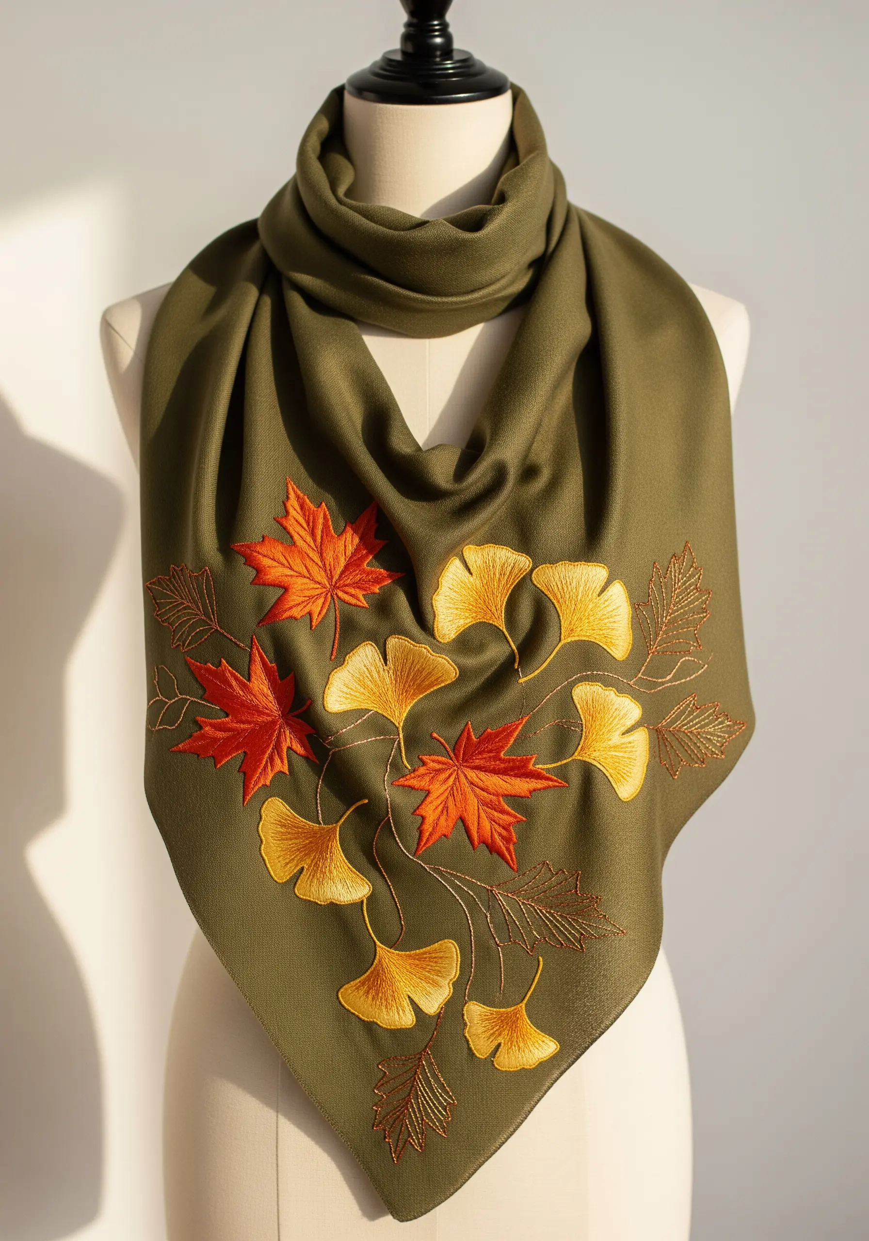 Embroidered maple and ginkgo leaves in autumn colors on an olive green scarf.