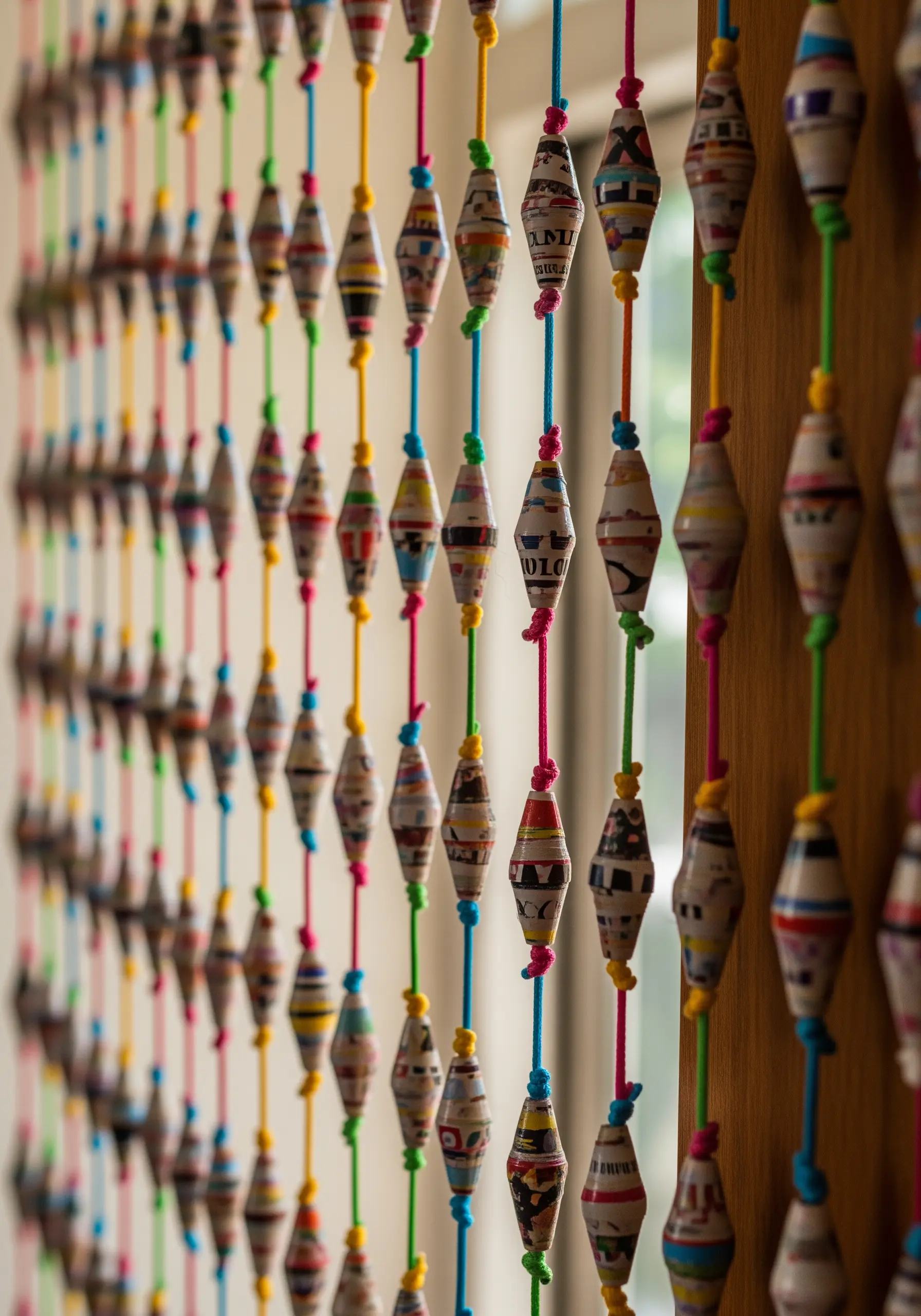 A close-up of a curtain made from colorful beads crafted from rolled-up recycled paper.