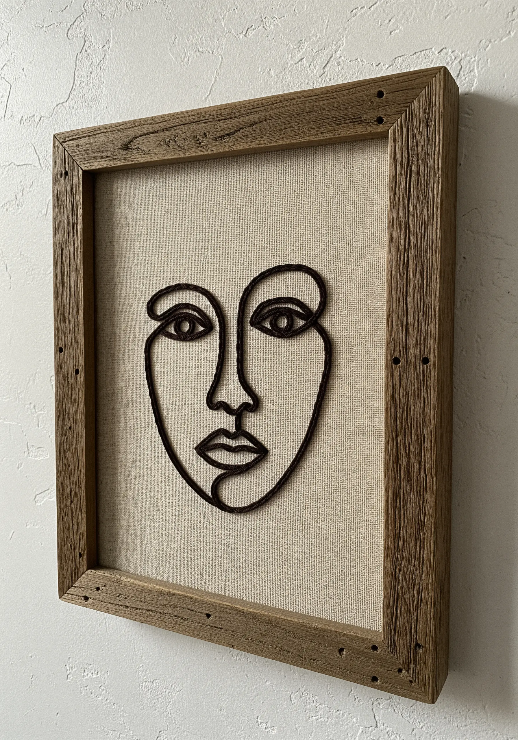 A single-line face in thick brown thread on canvas, inside a rustic wooden frame.