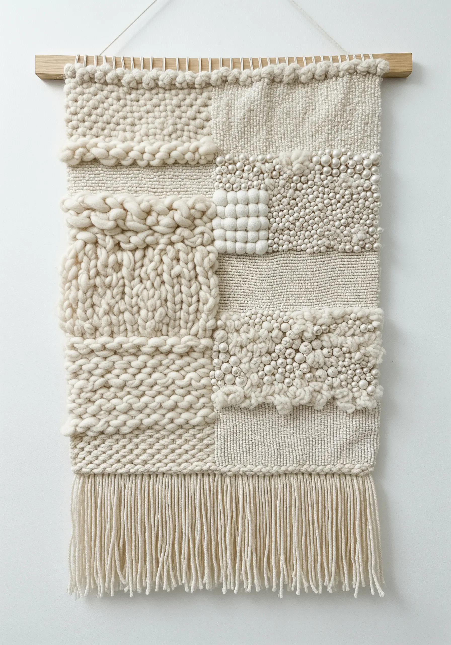 A woven wall hanging in neutral tones, featuring blocks of different textures like knots and braids.