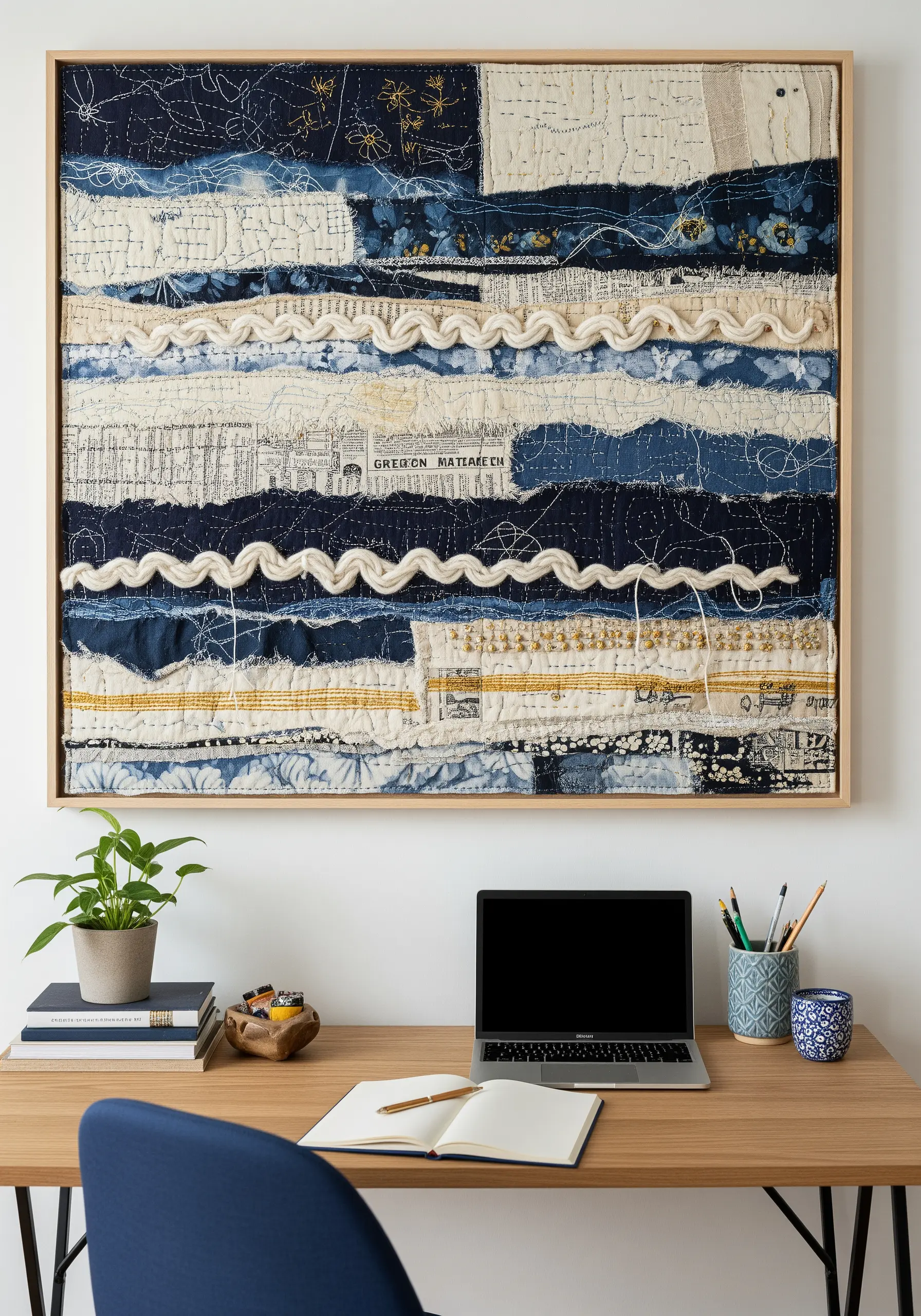 A large framed textile collage made of layered blue and cream fabrics, held together with decorative stitching.