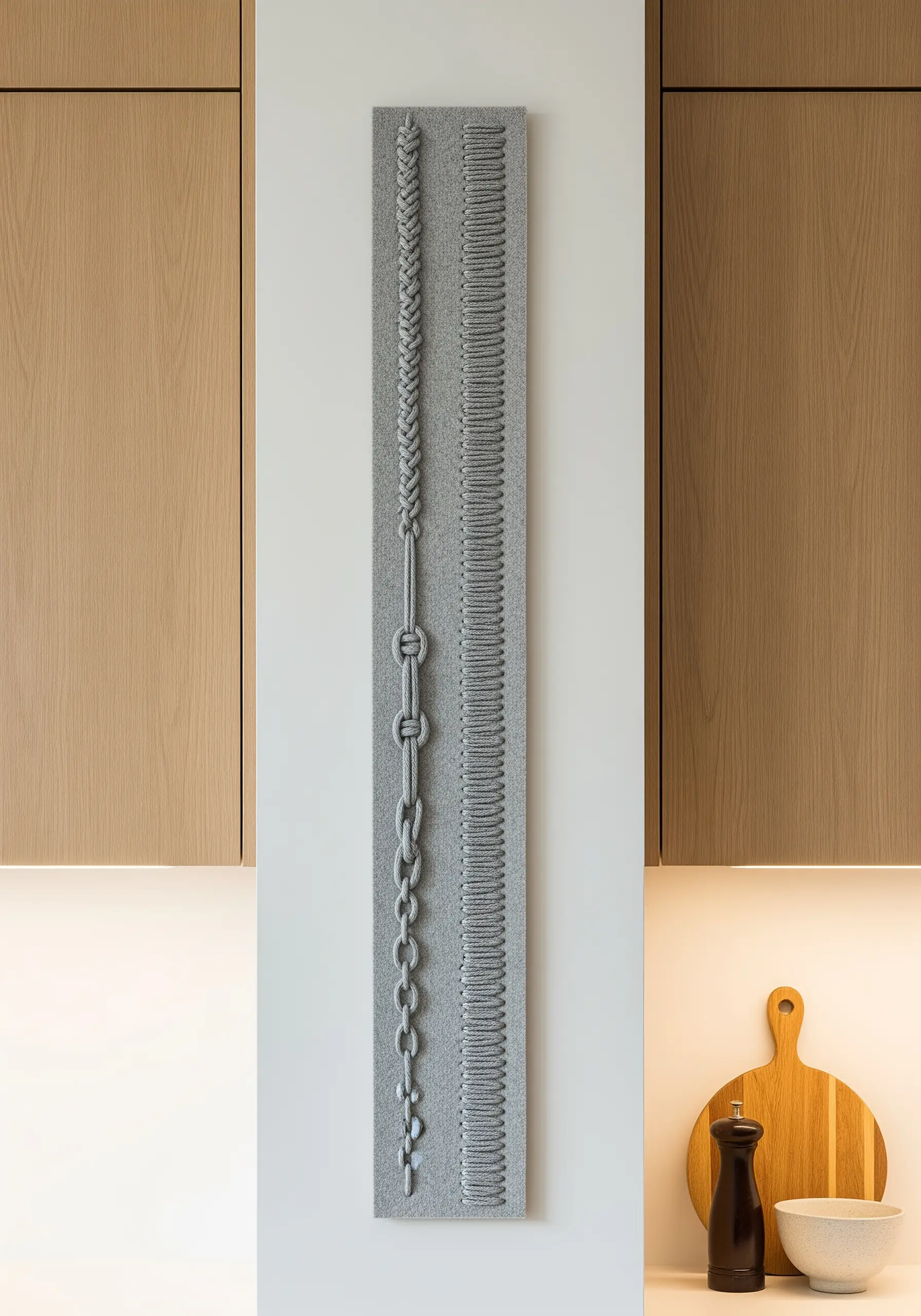 A tall, narrow grey felt panel embroidered with different braids, knots, and chain stitches.