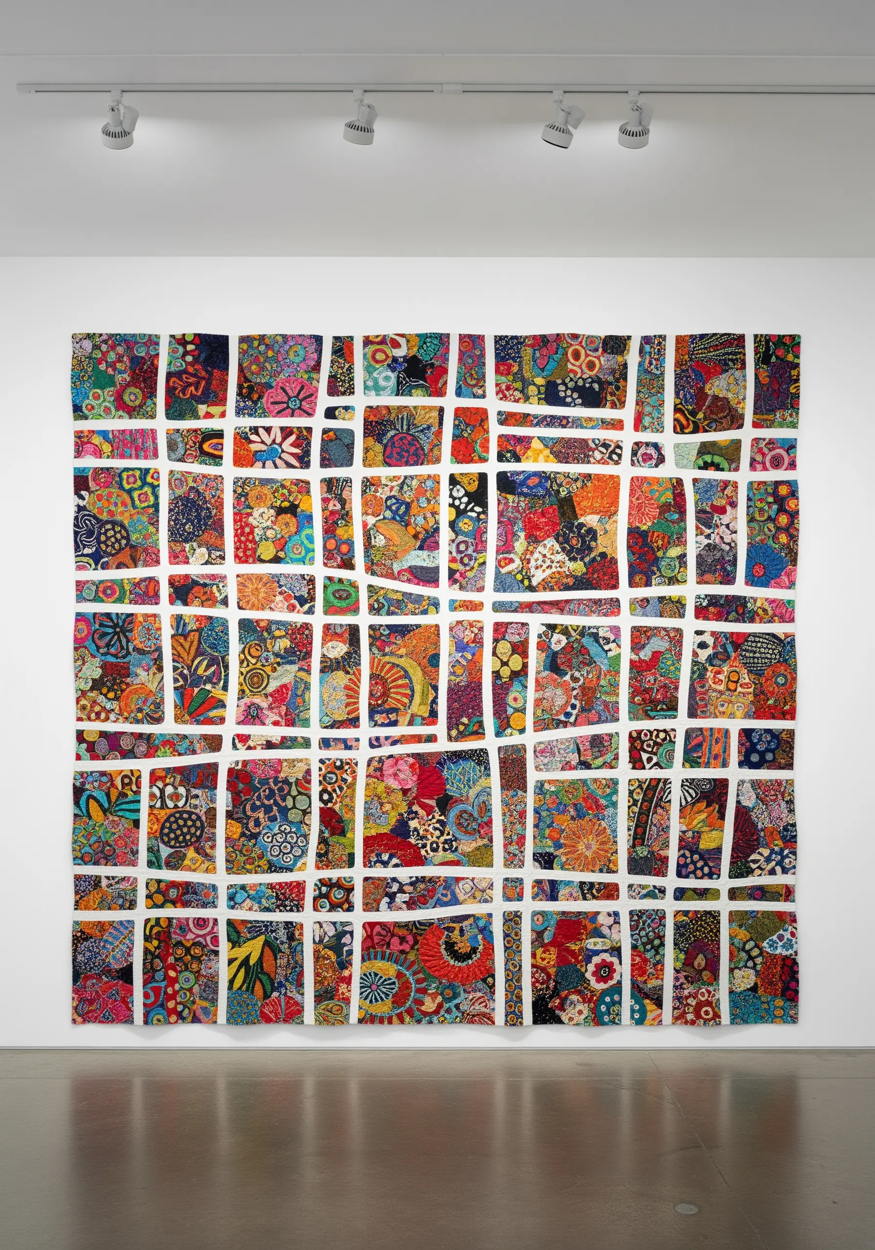 Large wall art made of many colorful, patterned fabric scraps arranged in a grid with white borders