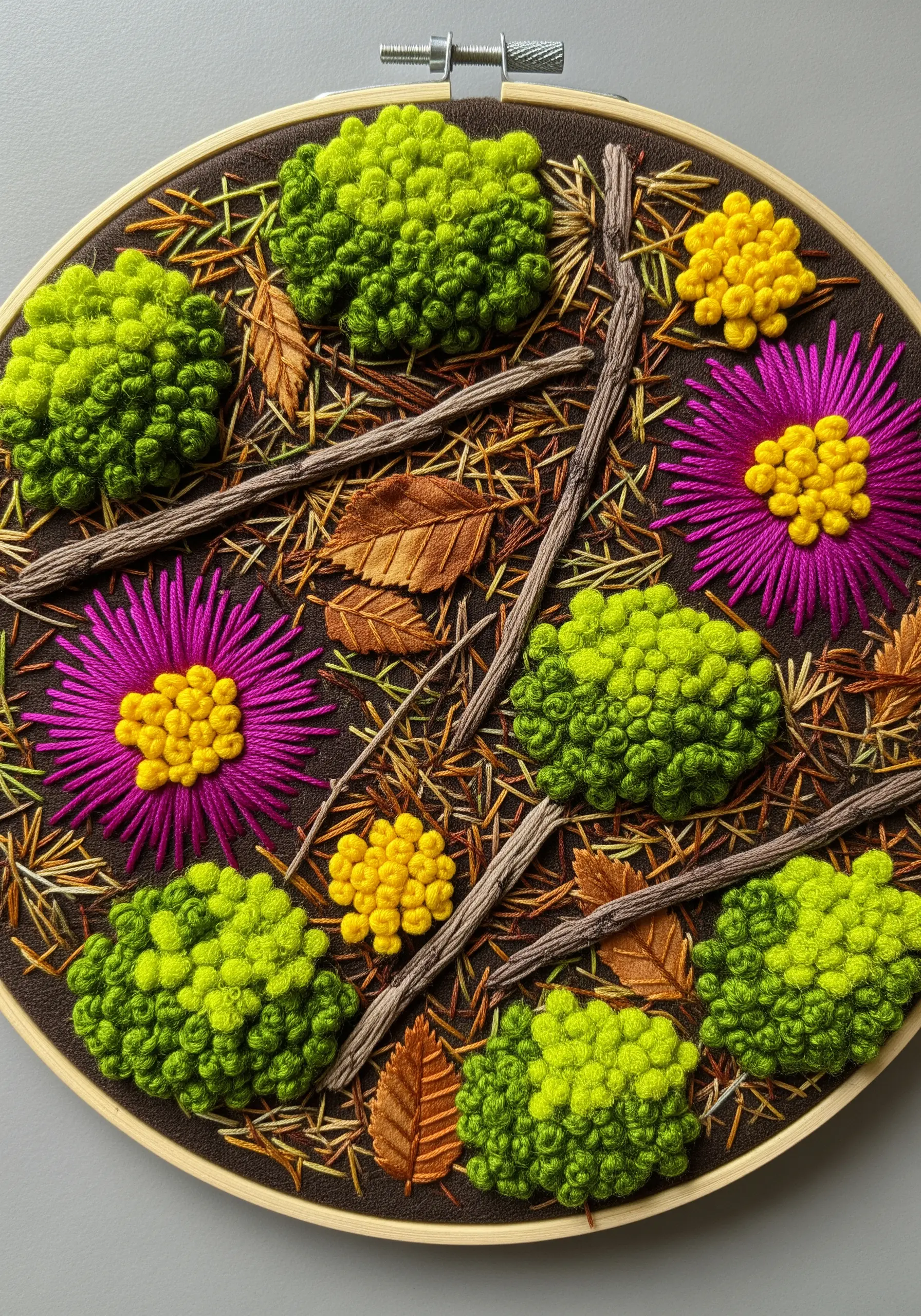High-texture embroidery of a forest floor with French knot moss and padded satin stitch twigs.