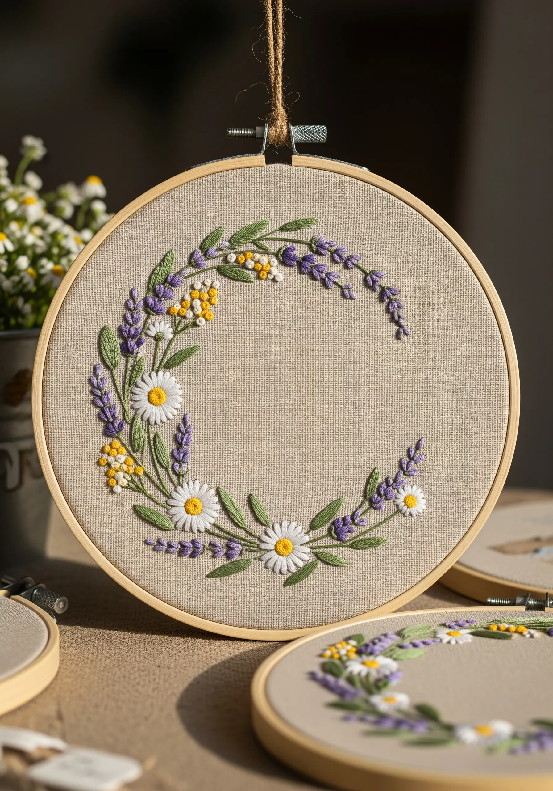 Hand-embroidered wreath with lavender, daisies, and yellow filler flowers on neutral fabric.