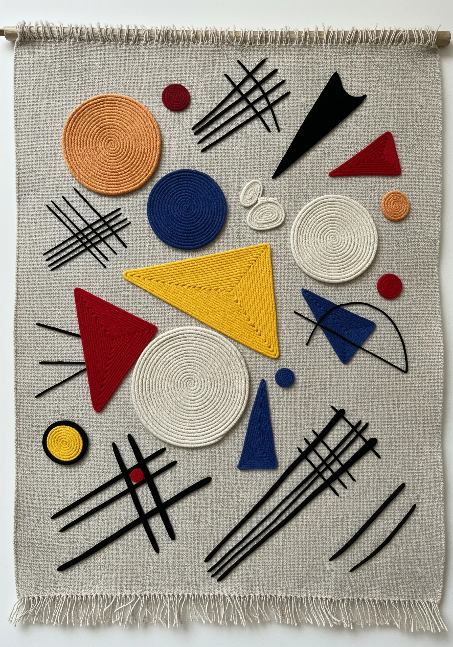 A fiber art wall hanging with coiled rope shapes and stitched lines inspired by Kandinsky.