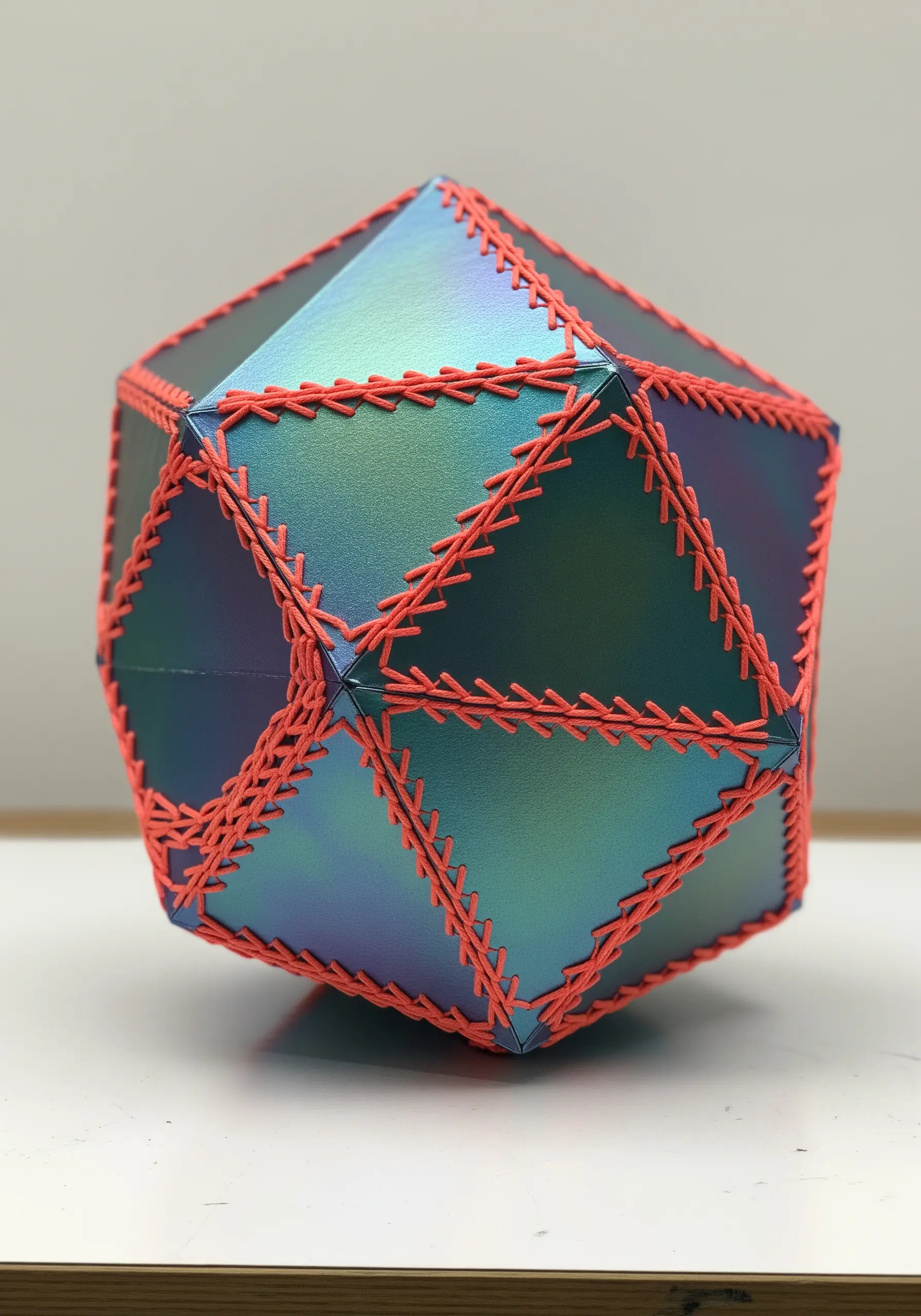 Geometric 3D paper sculpture assembled with contrasting orange blanket stitches.