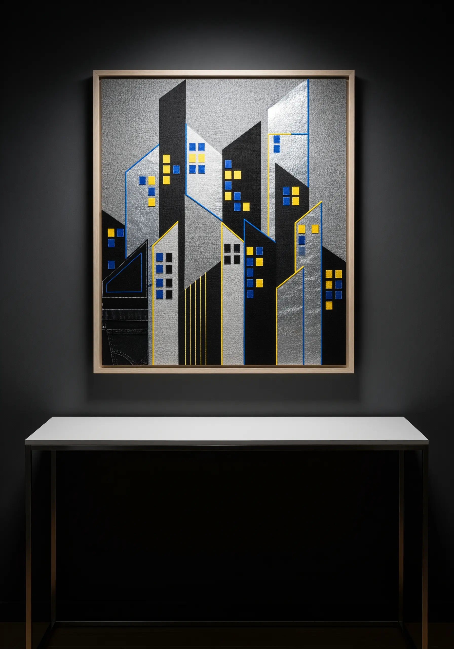 Modern framed art of a cityscape using black, grey, yellow, and blue fabric pieces