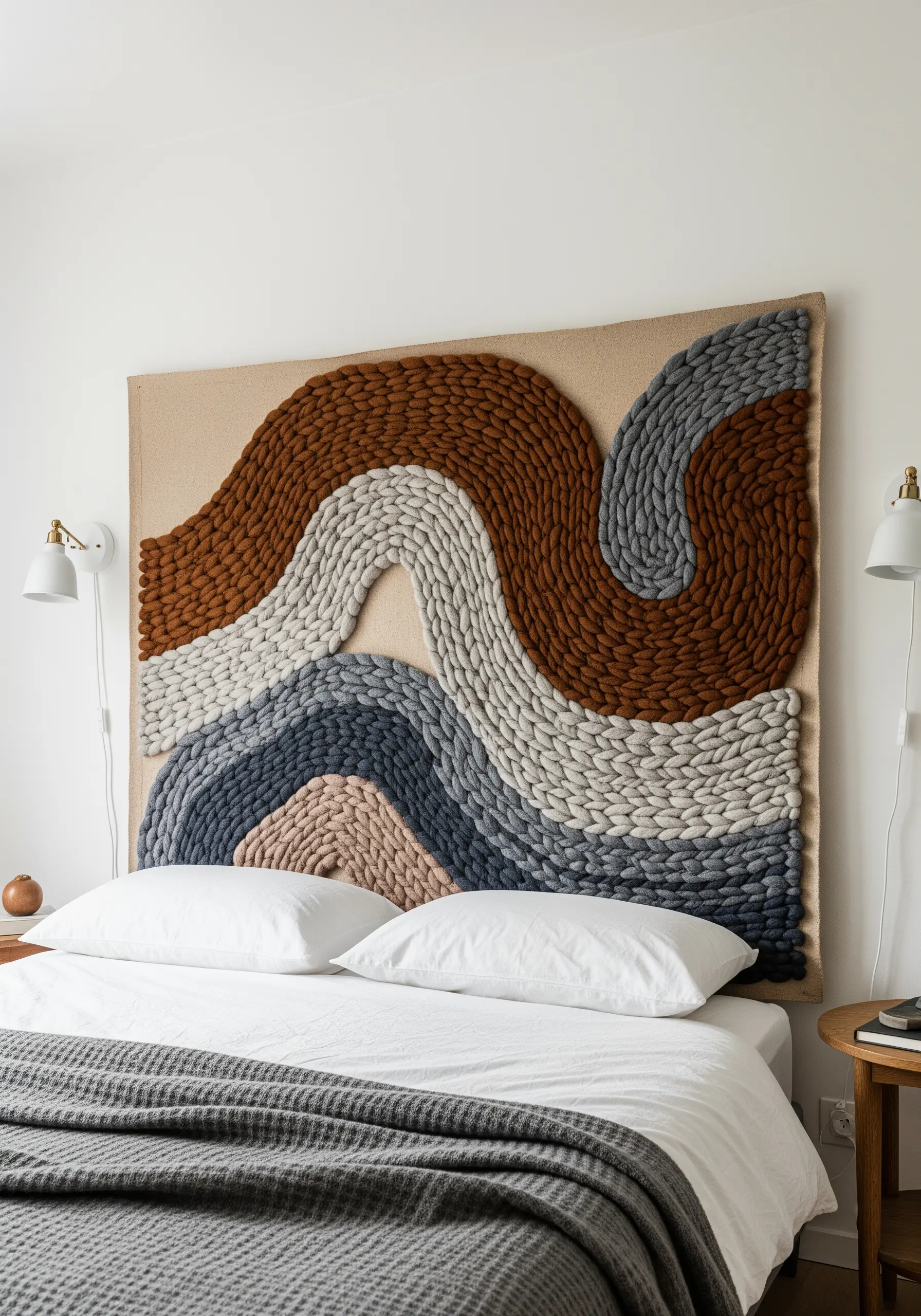 A large woven headboard with abstract, flowing waves of chunky yarn in earth tones.