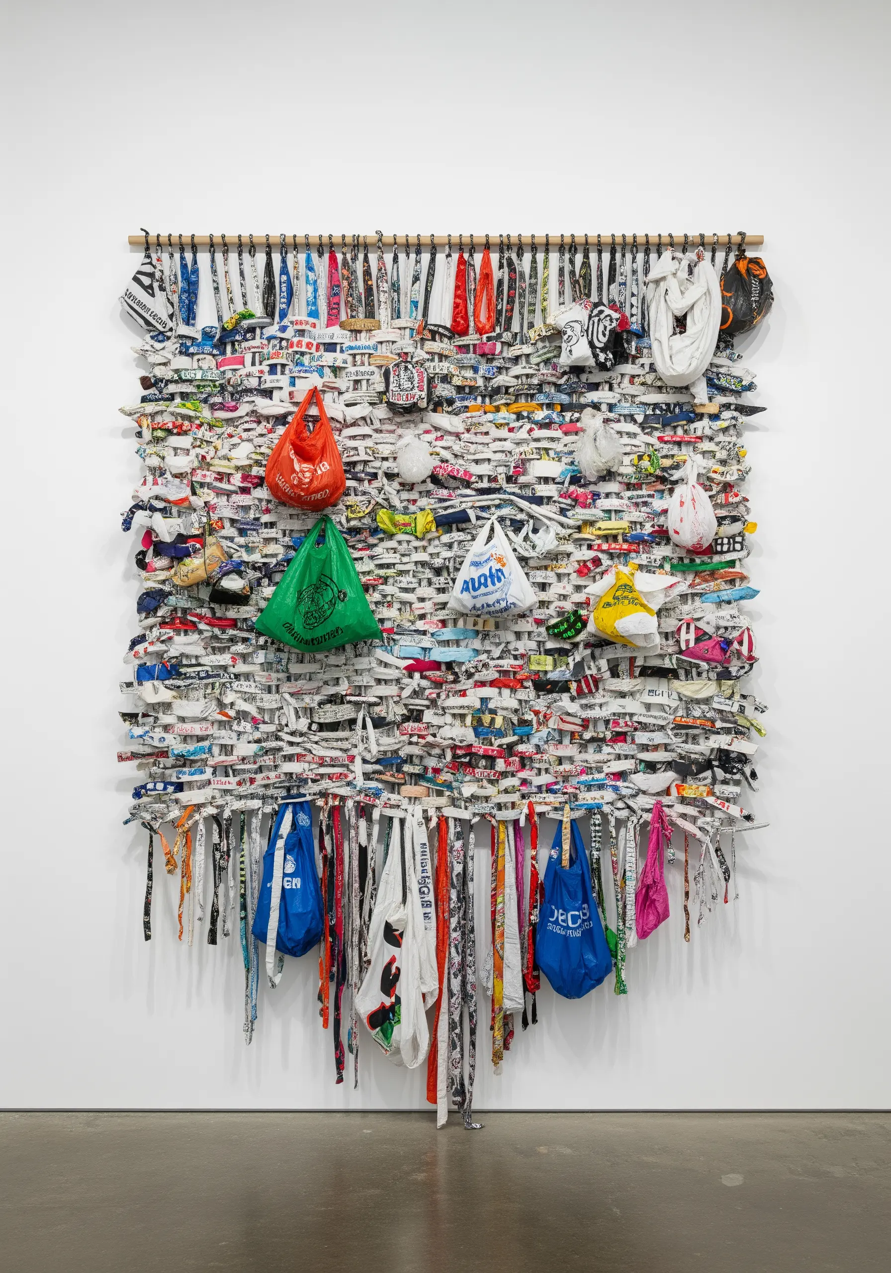 A large wall tapestry woven from plastic shopping bags, logos, and other consumer waste.