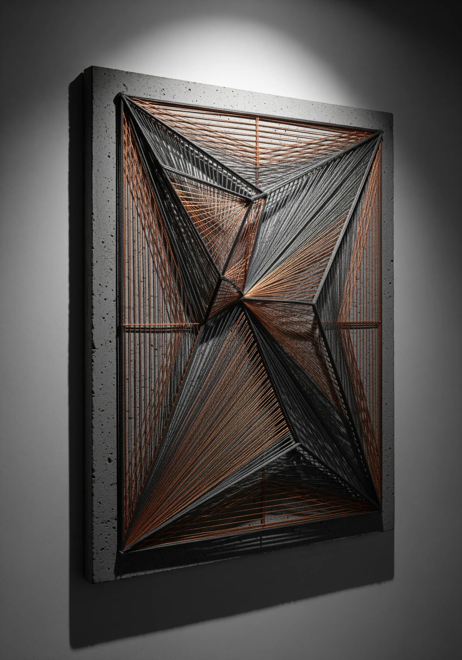 Geometric string art sculpture with black and copper thread creating intersecting planes.