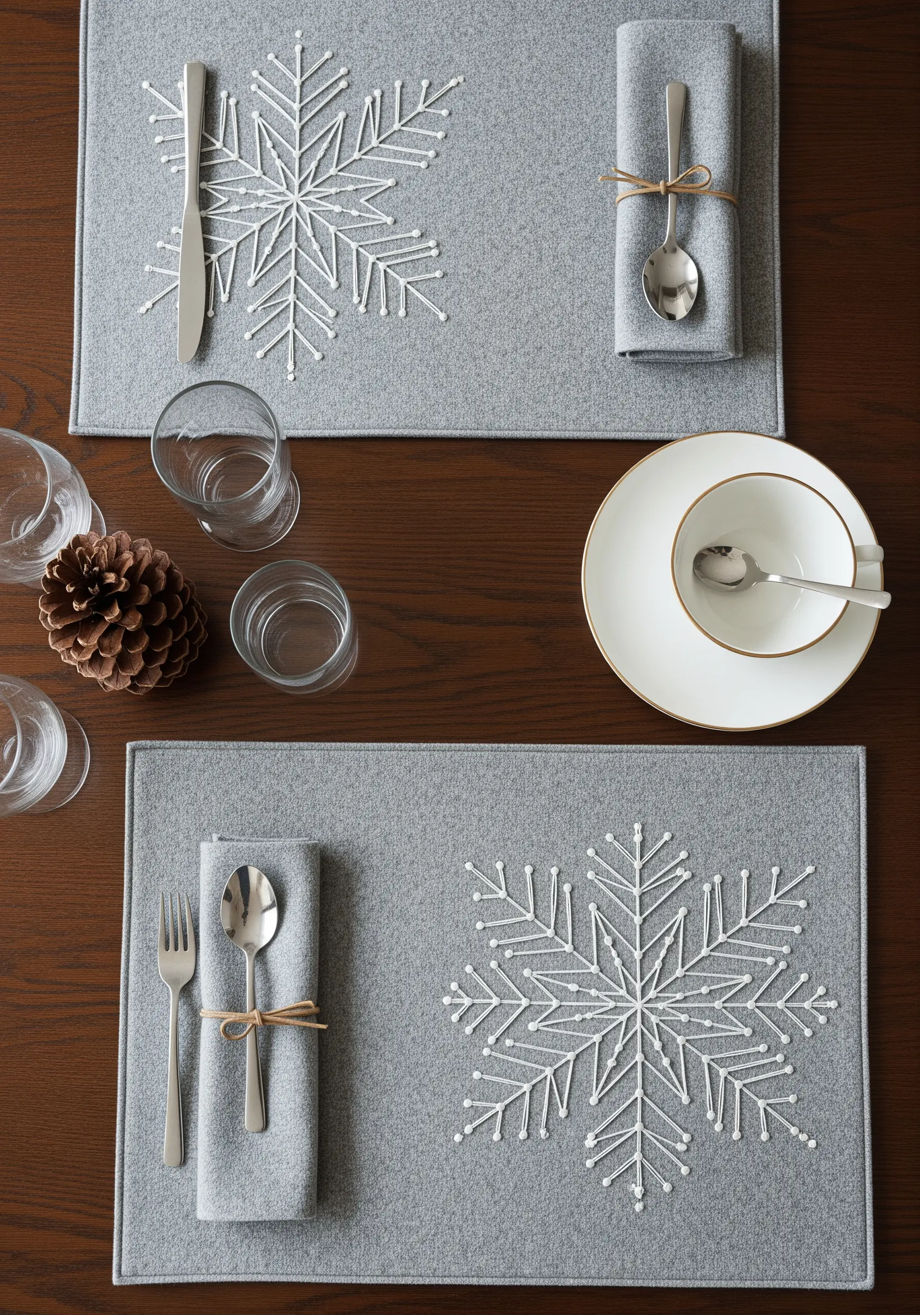 A large, geometric snowflake stitched in white thread on gray felt placemats.