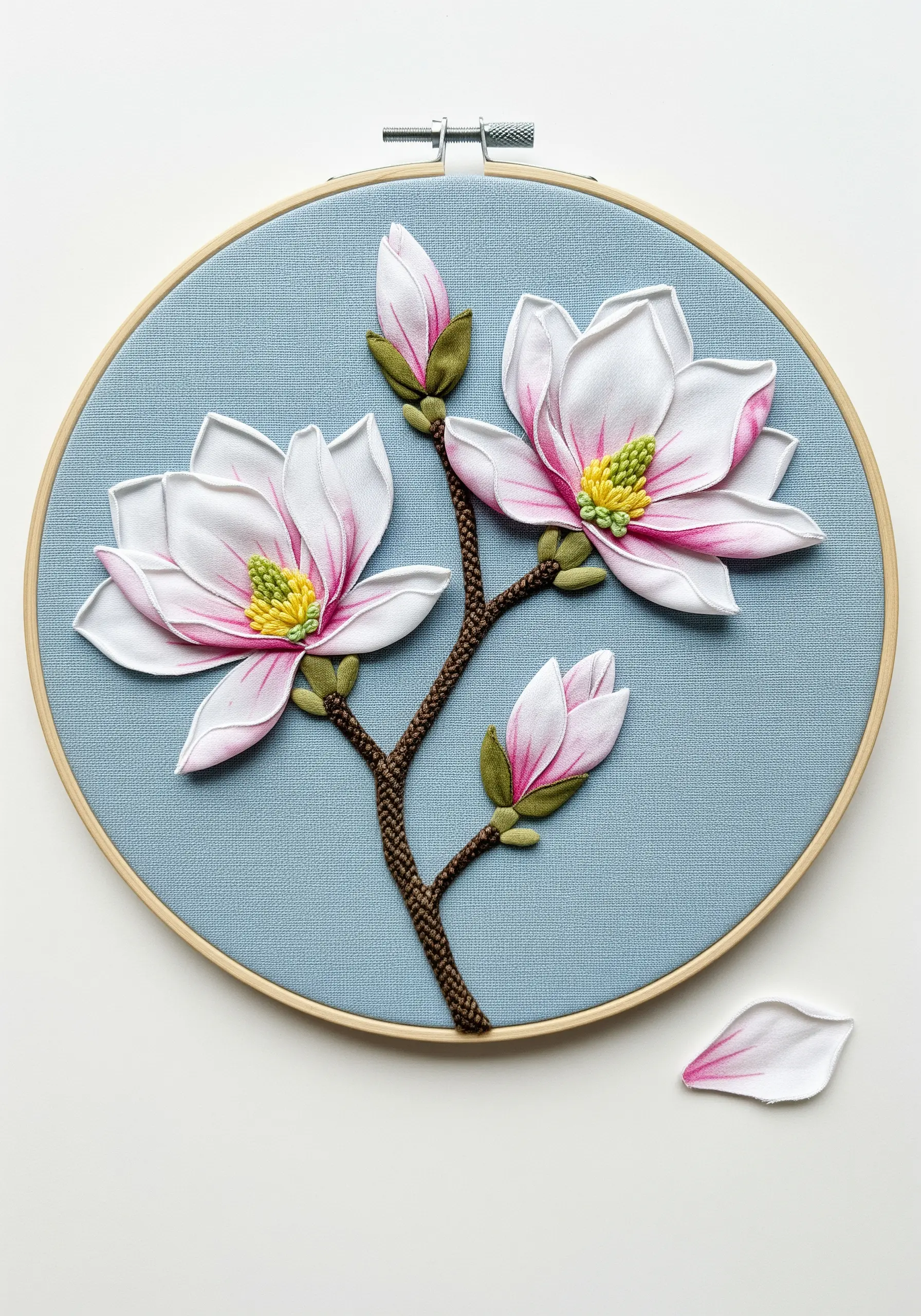 3D stumpwork magnolia flowers with shaped white petals lifting off a blue fabric background.