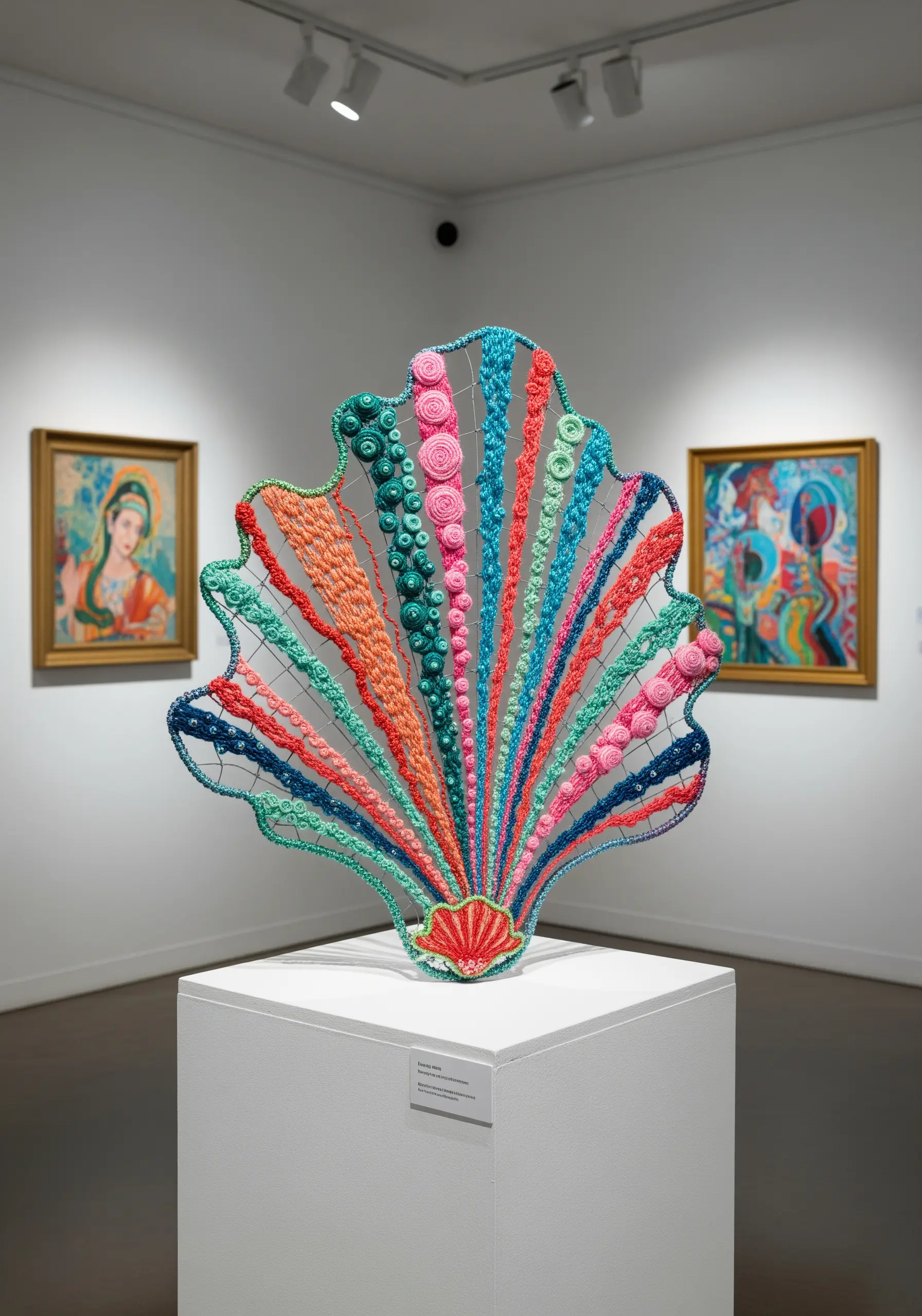 Colorful free-standing sculptural embroidery of a seashell displayed on a pedestal.