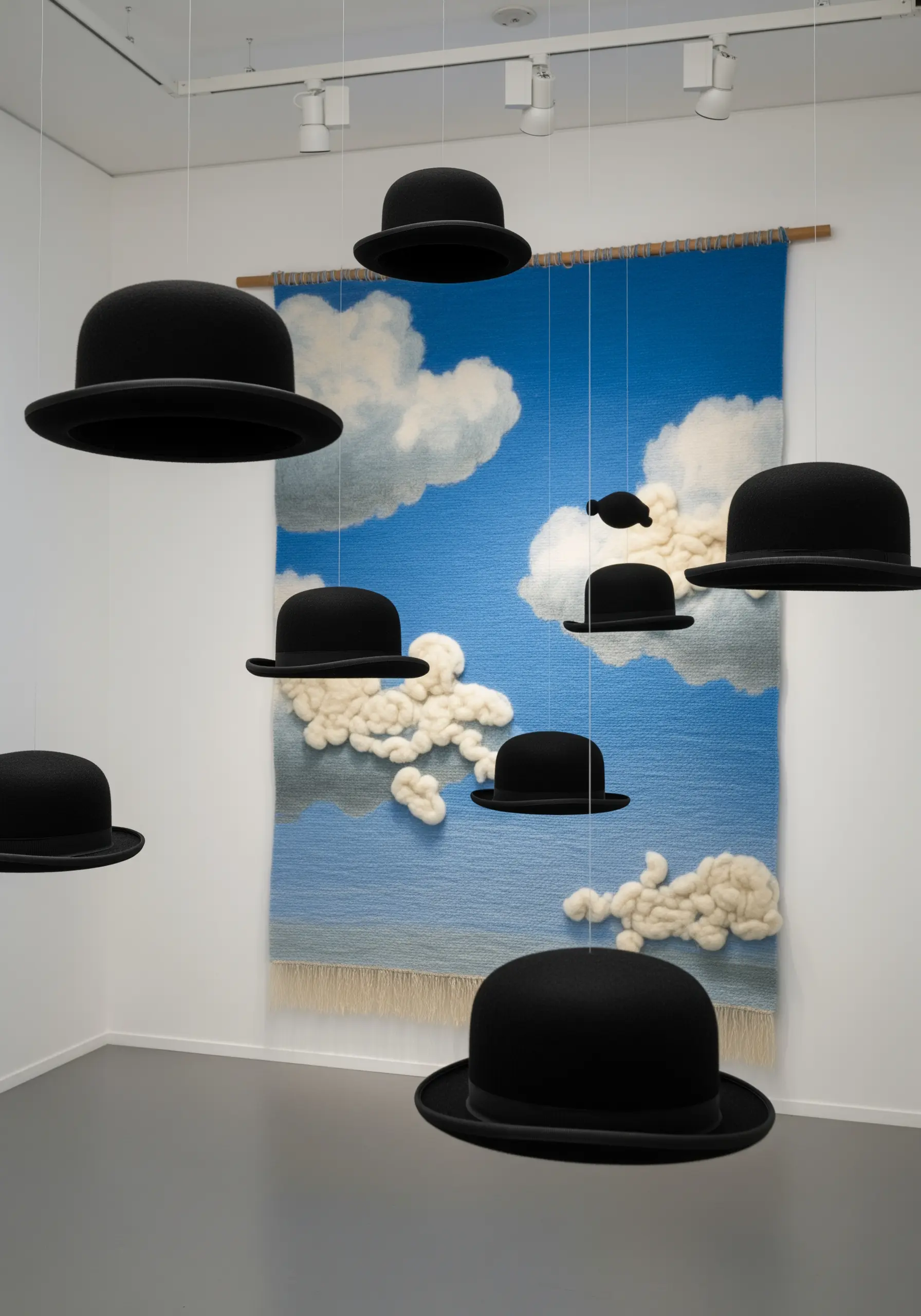A woven tapestry of a blue sky with clouds, with real bowler hats suspended in front of it.