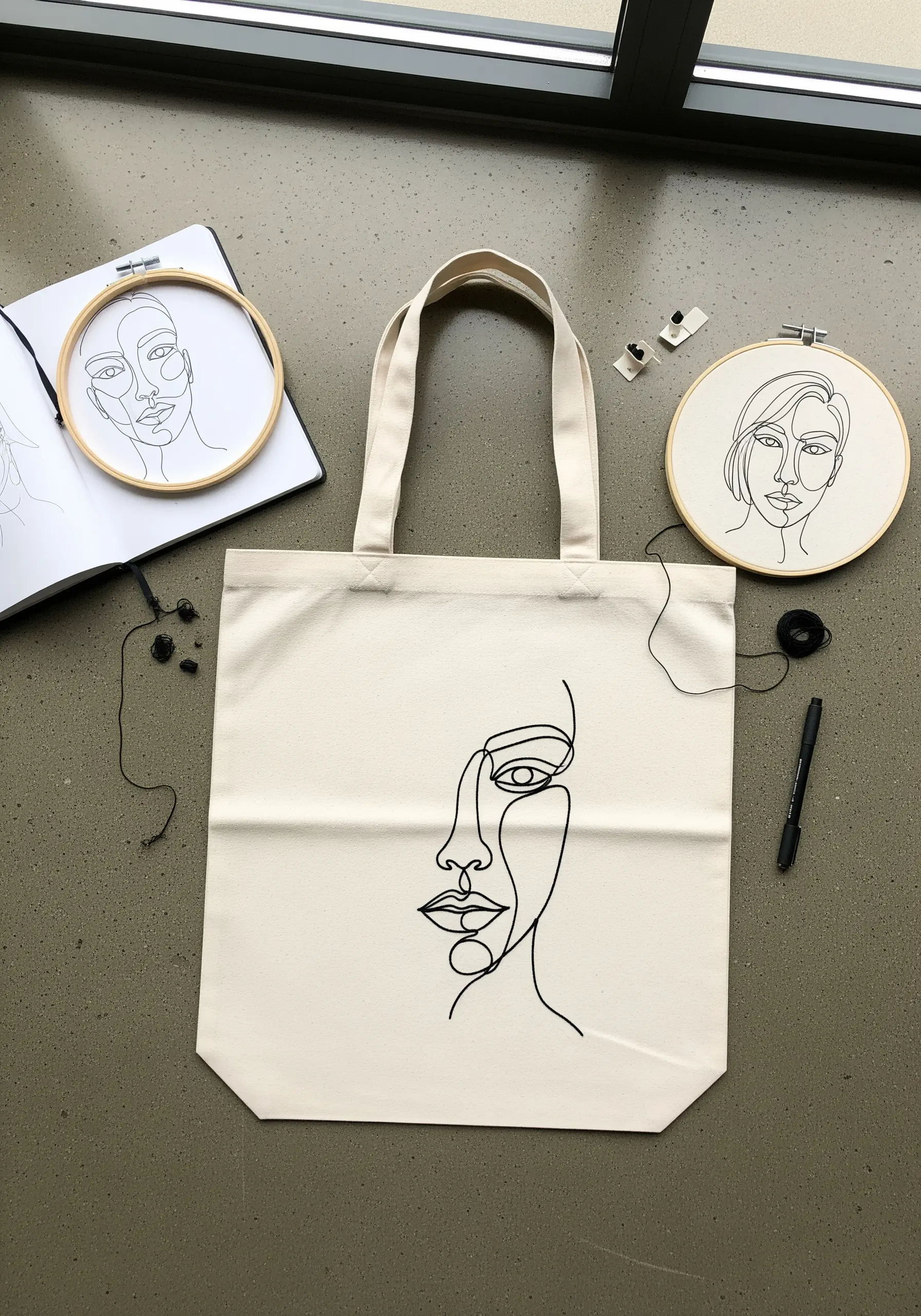A single-line abstract face portrait embroidered in black thread on a canvas tote bag.