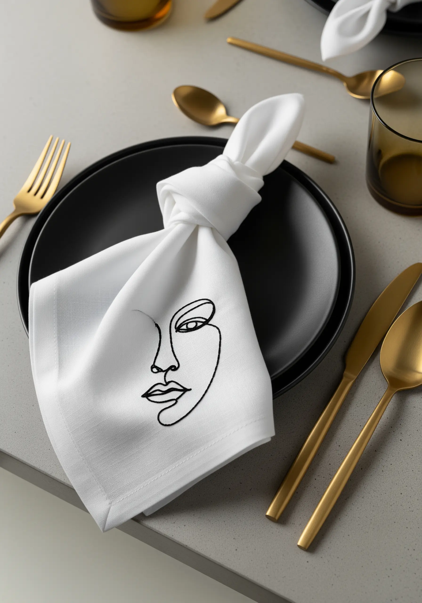 Minimalist single-line art face embroidered in black thread on a white napkin.