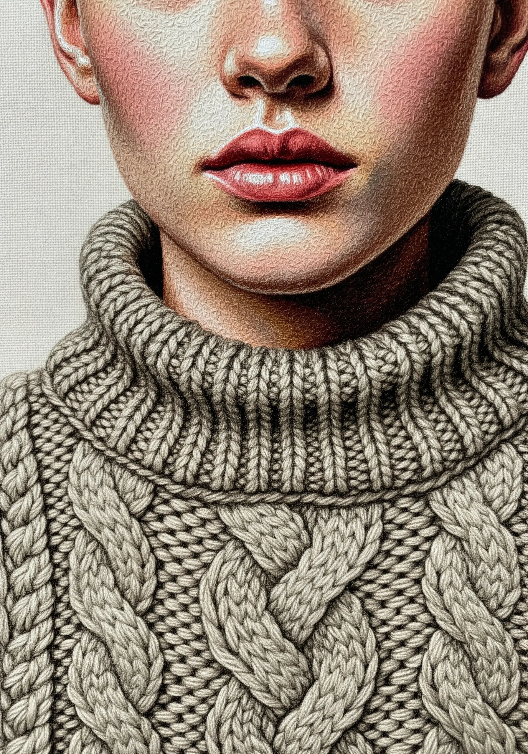 Close-up of an embroidered portrait showing the contrast between smooth skin and a textured knit sweater.