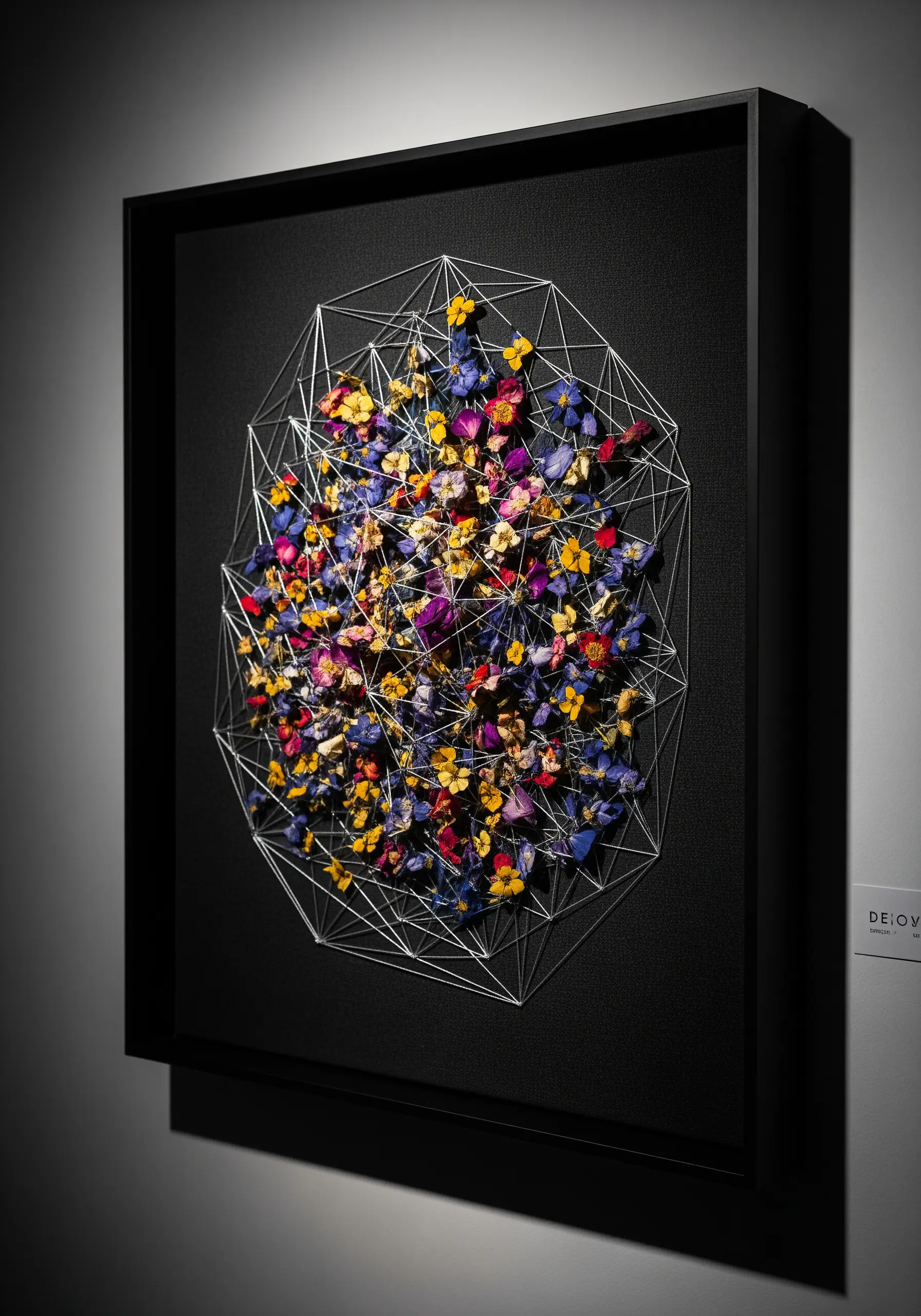 A geometric string art shape on black canvas filled with colorful pressed flowers.