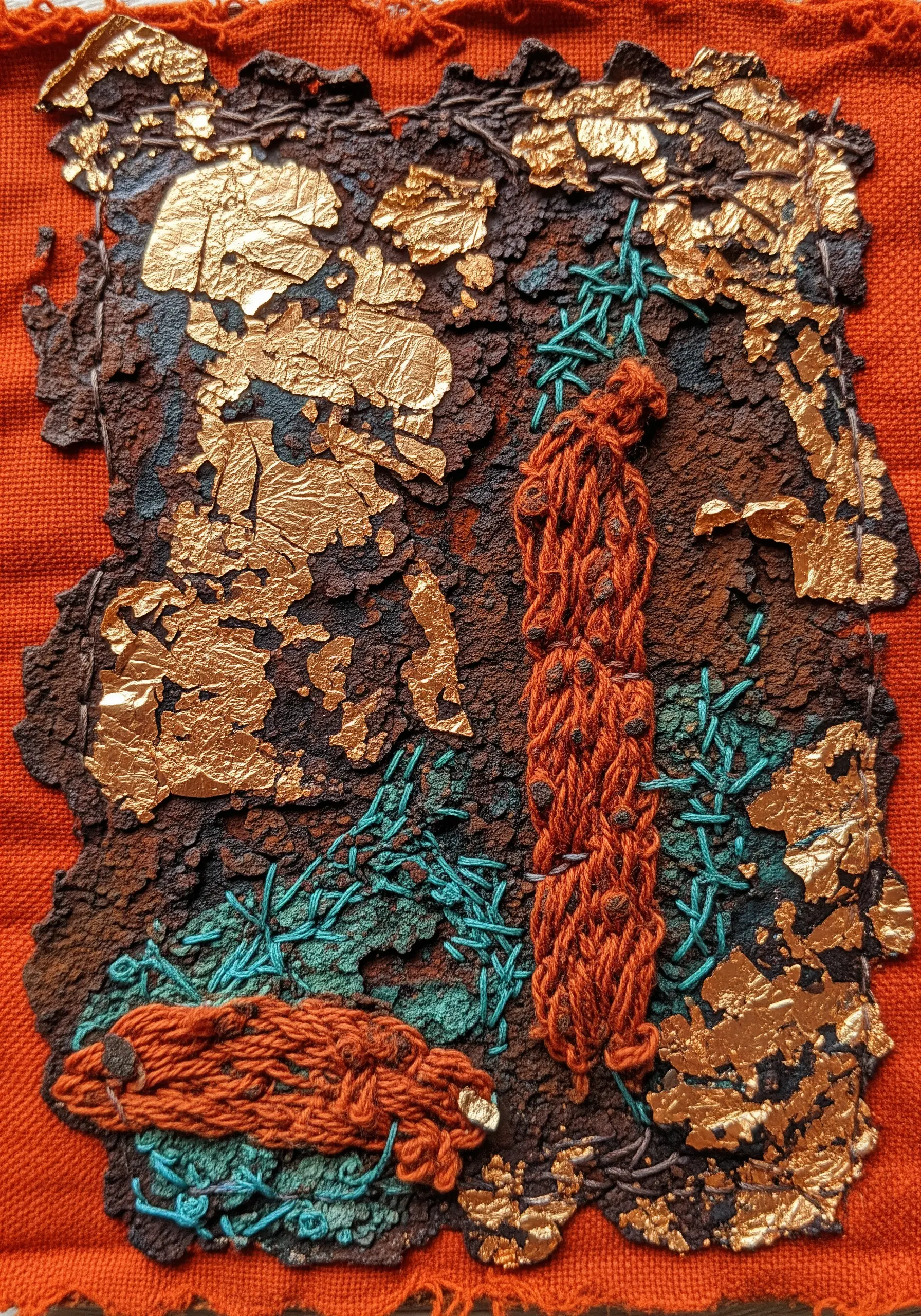 Mixed-media embroidery of textured bark with gold leaf, dimensional stitches, and appliquéd fabric.