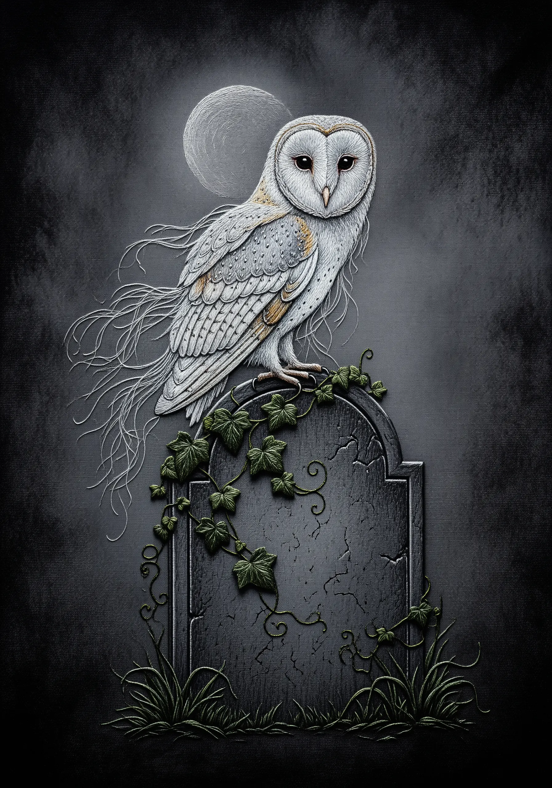 An ethereal white barn owl with wispy, trailing feathers, perched on a grey embroidered tombstone.