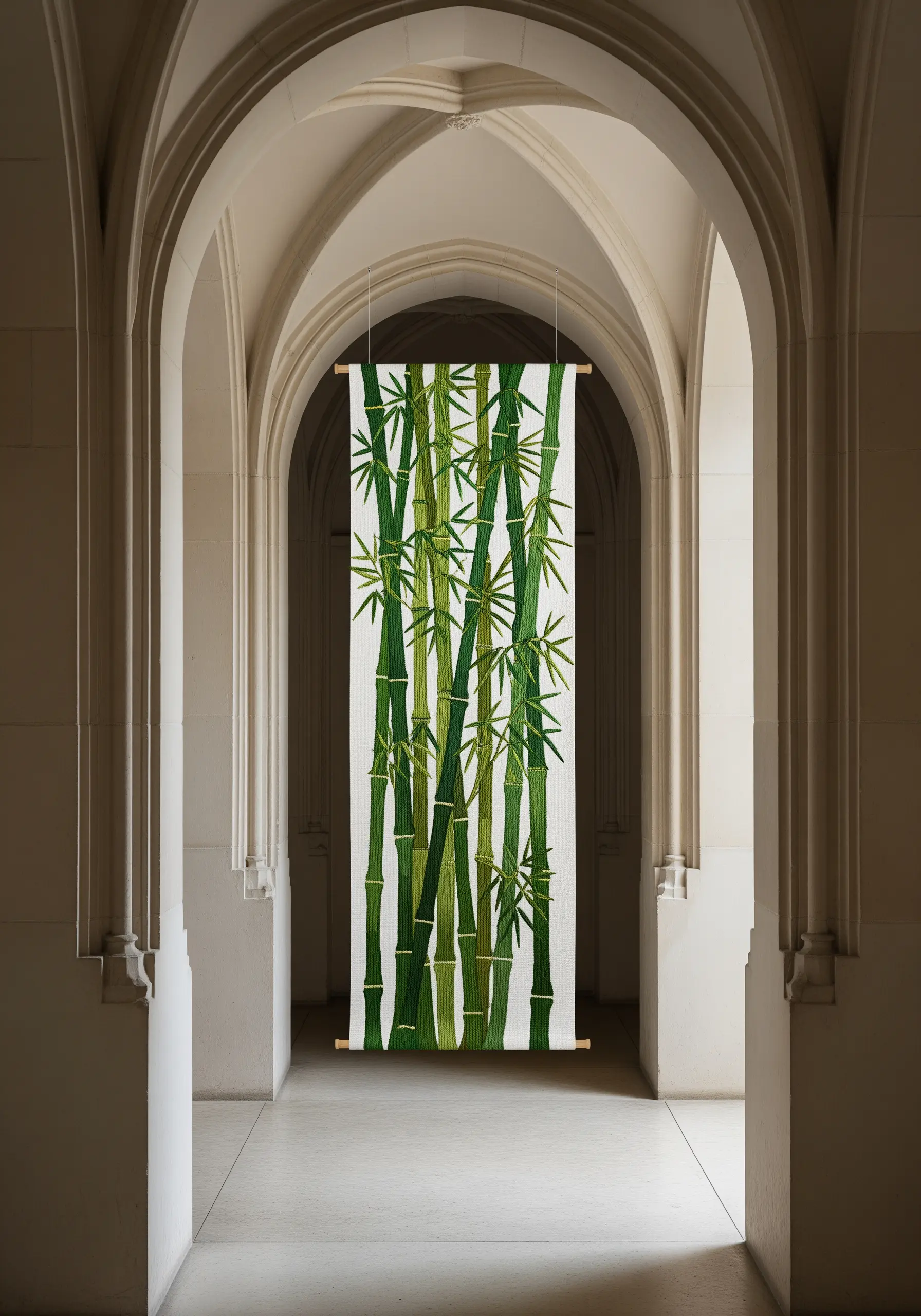 A long, scroll-like wall hanging featuring a forest of embroidered bamboo stalks.