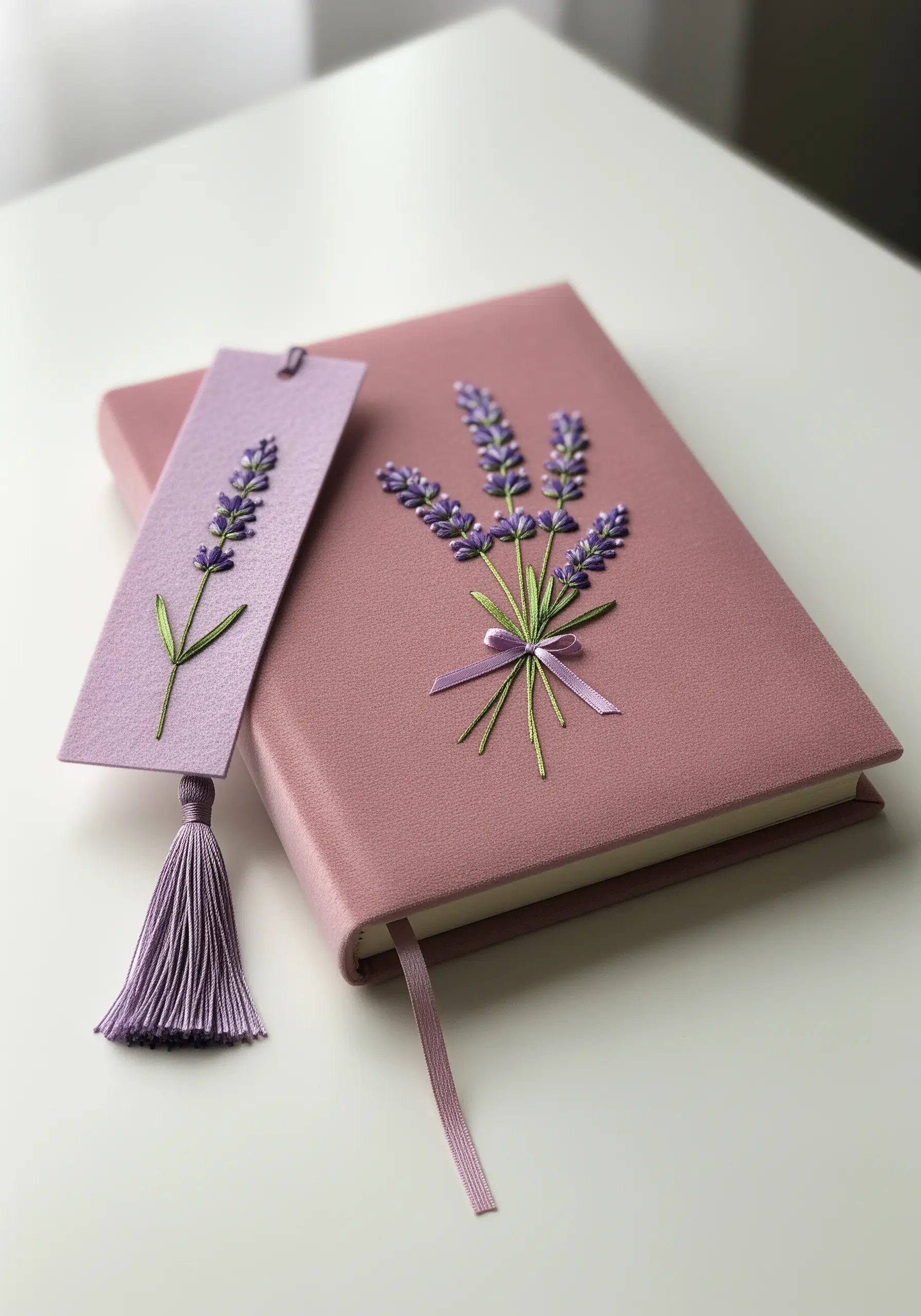 A pink journal and a lavender felt bookmark, both decorated with matching lavender embroidery.