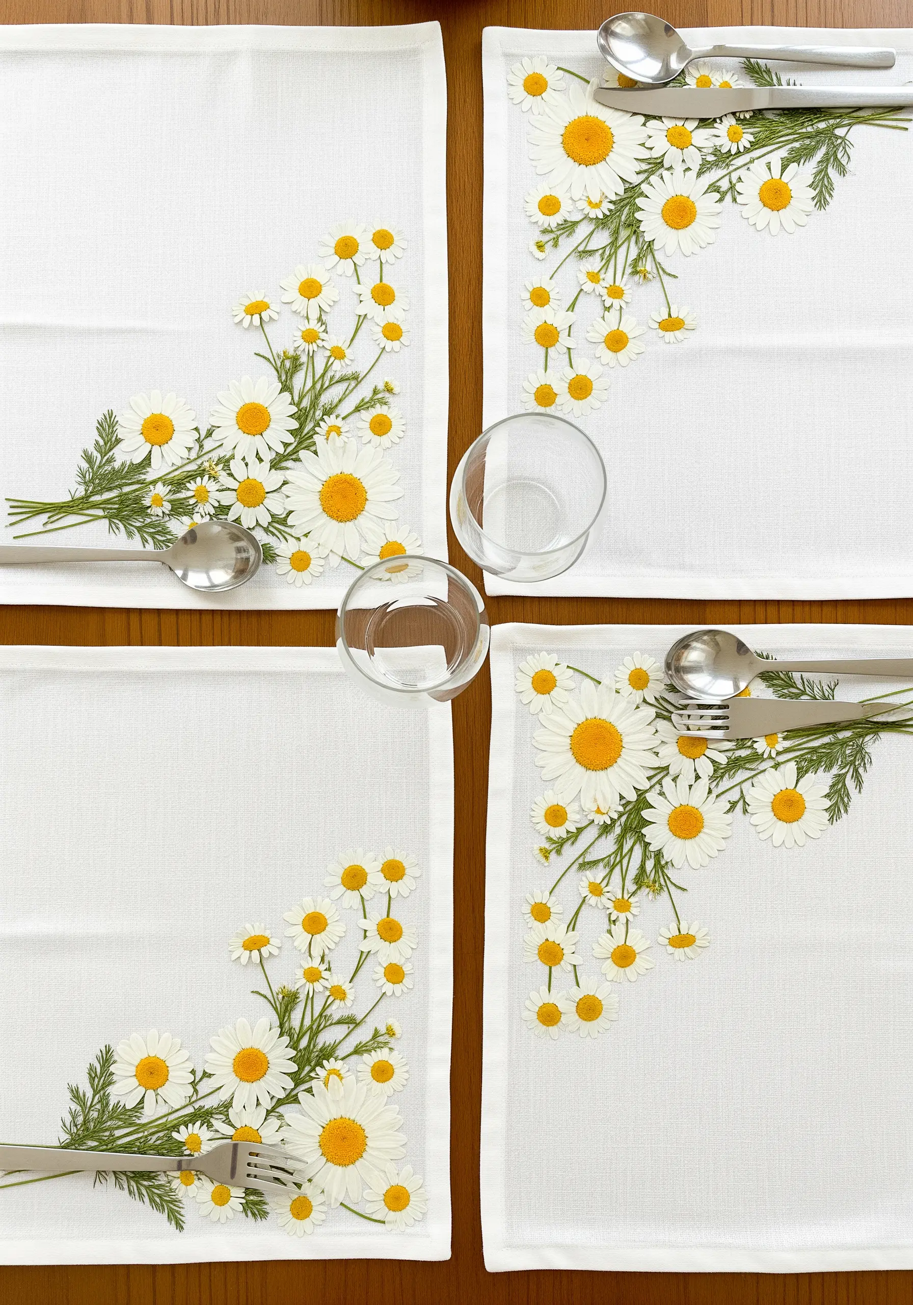 Four white placemats arranged on a table, each with a matching corner design of pressed daisies.