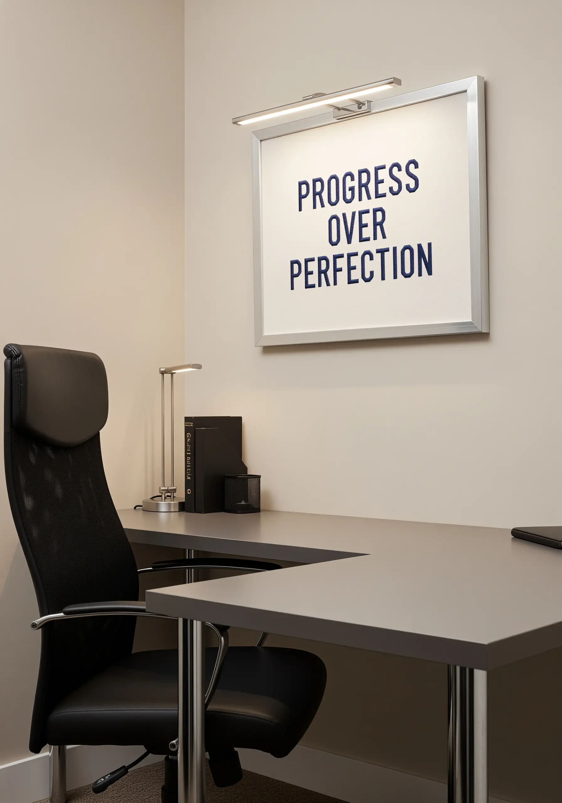 Framed embroidery of 'Progress Over Perfection' in a clean, modern office space.