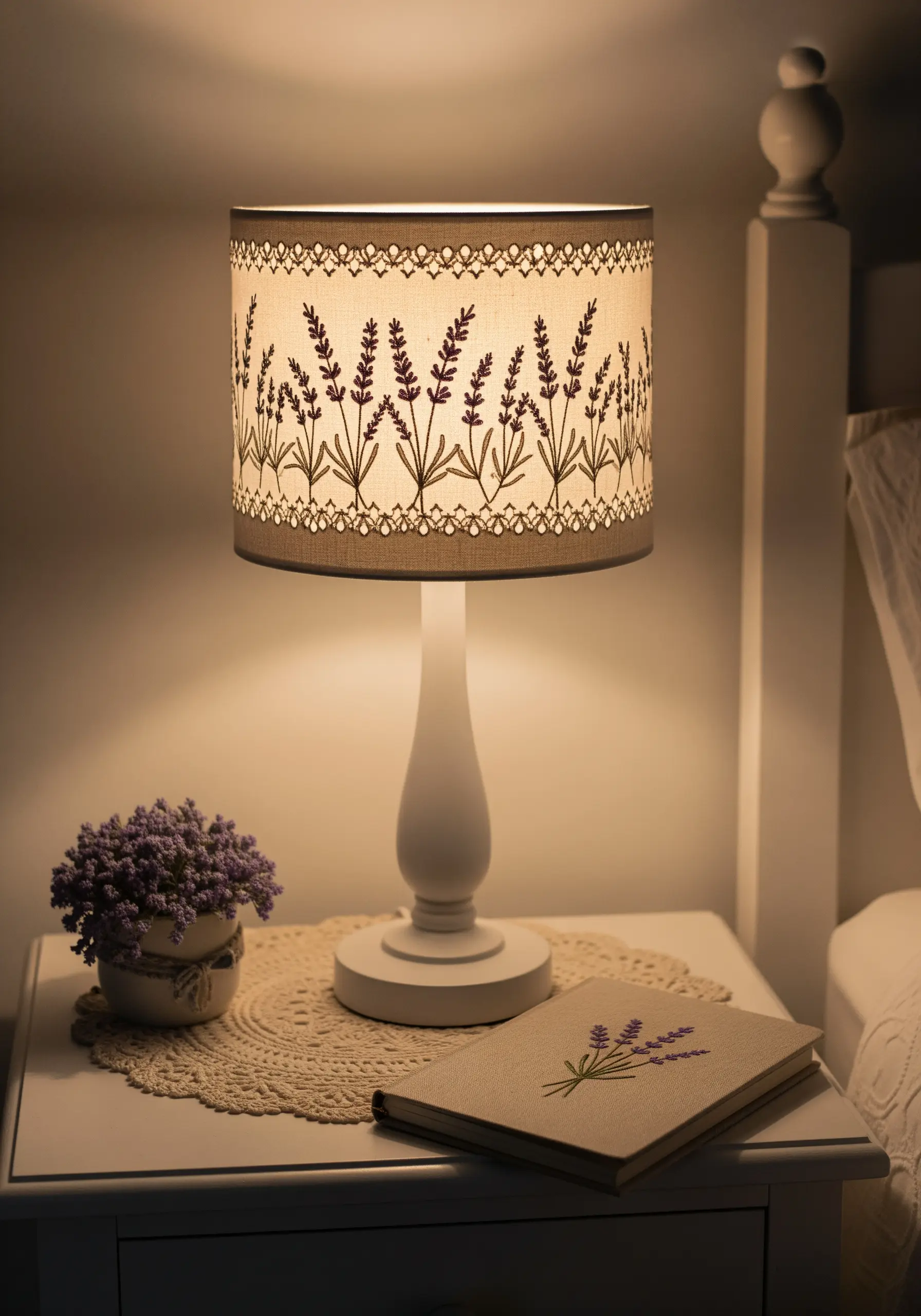 A bedside table with a lamp and book, both featuring simple lavender embroidery.