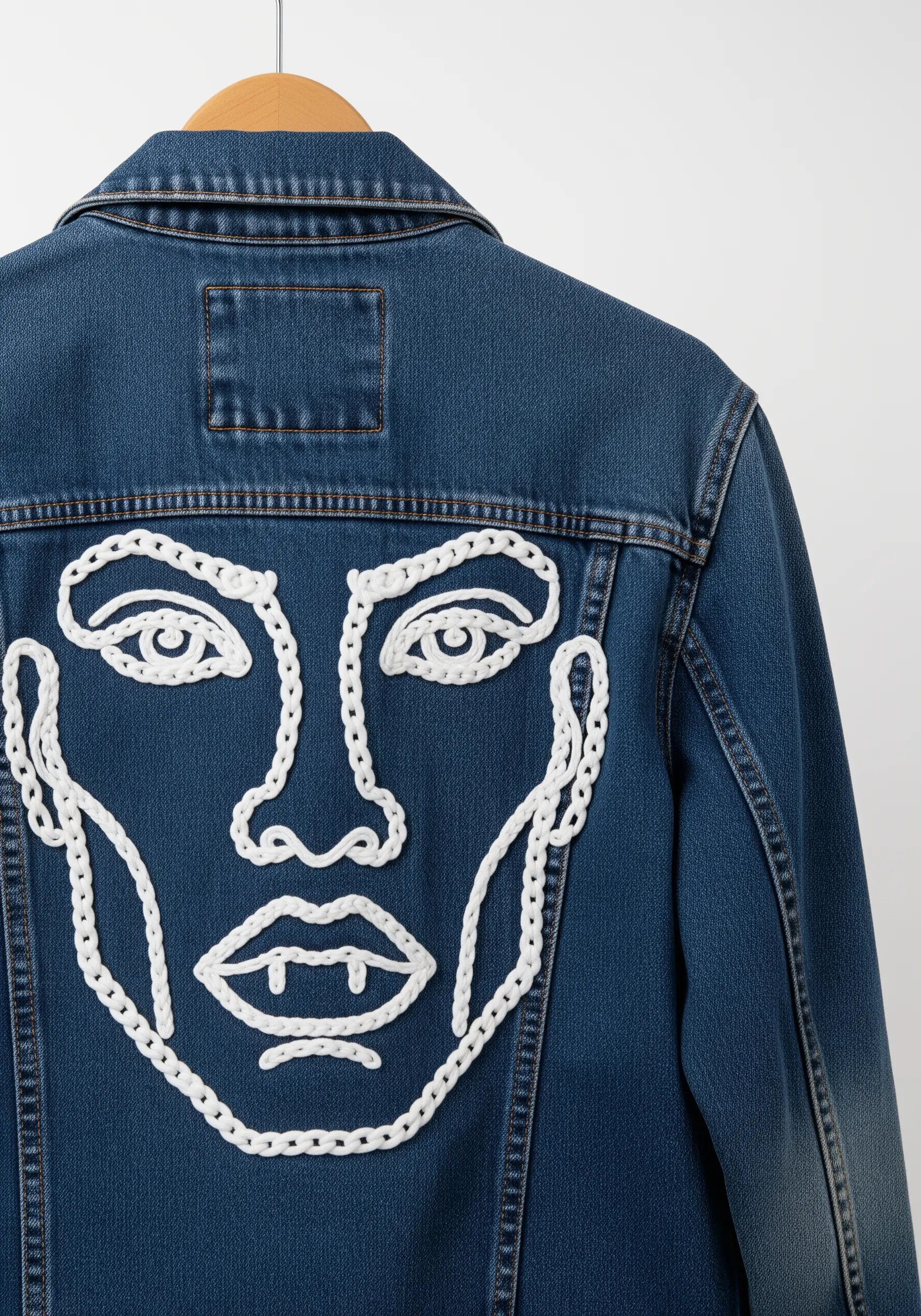 A bold abstract face made from thick white cord couched onto a denim jacket.
