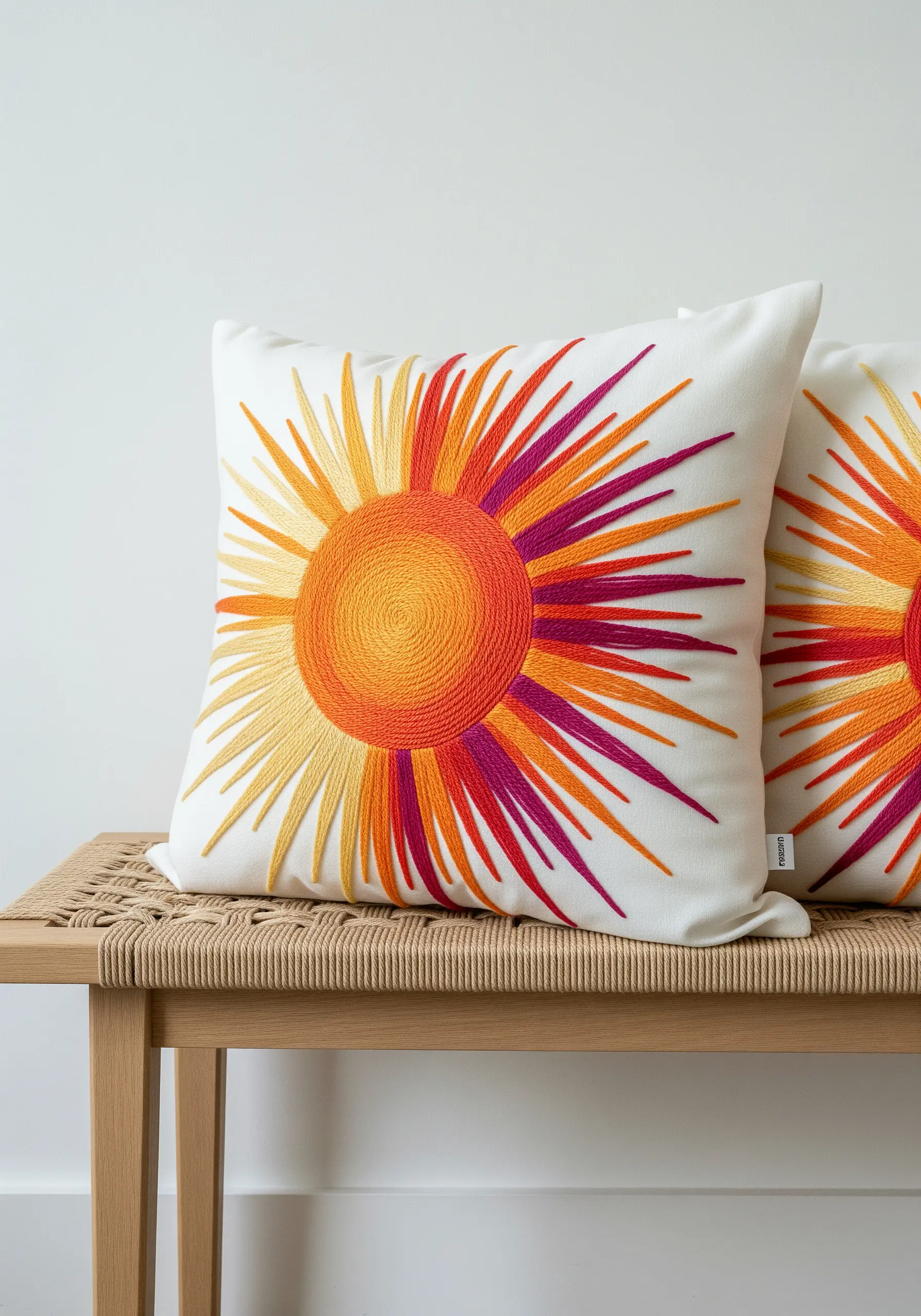 A vibrant sun embroidered with couched yarn in a radial orange-to-yellow gradient.