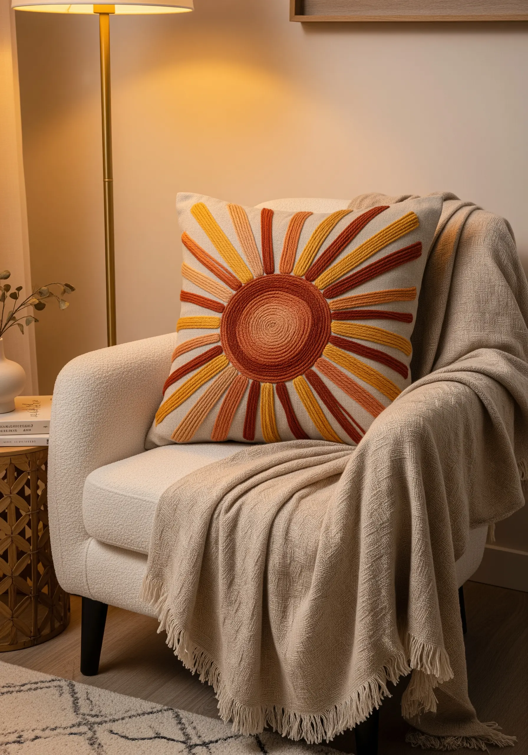 A square linen pillow with a sunburst motif stitched in thick orange and yellow yarn.