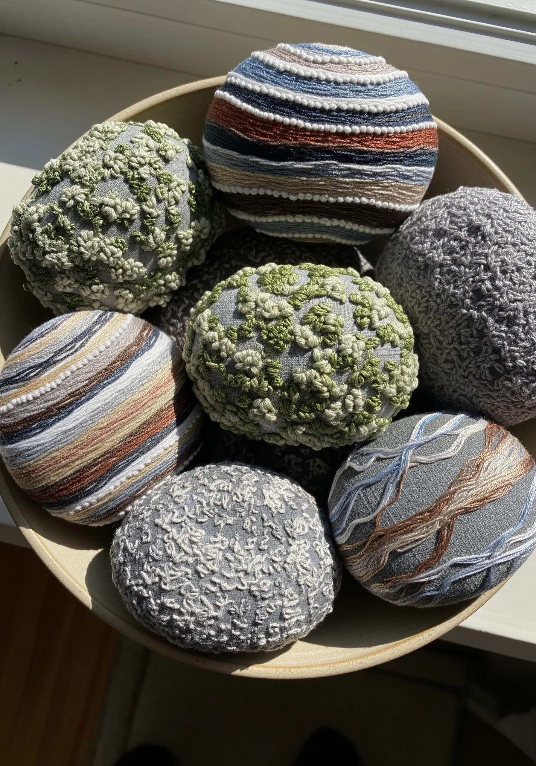 A bowl filled with small, spherical objects covered in various embroidery textures and colors.
