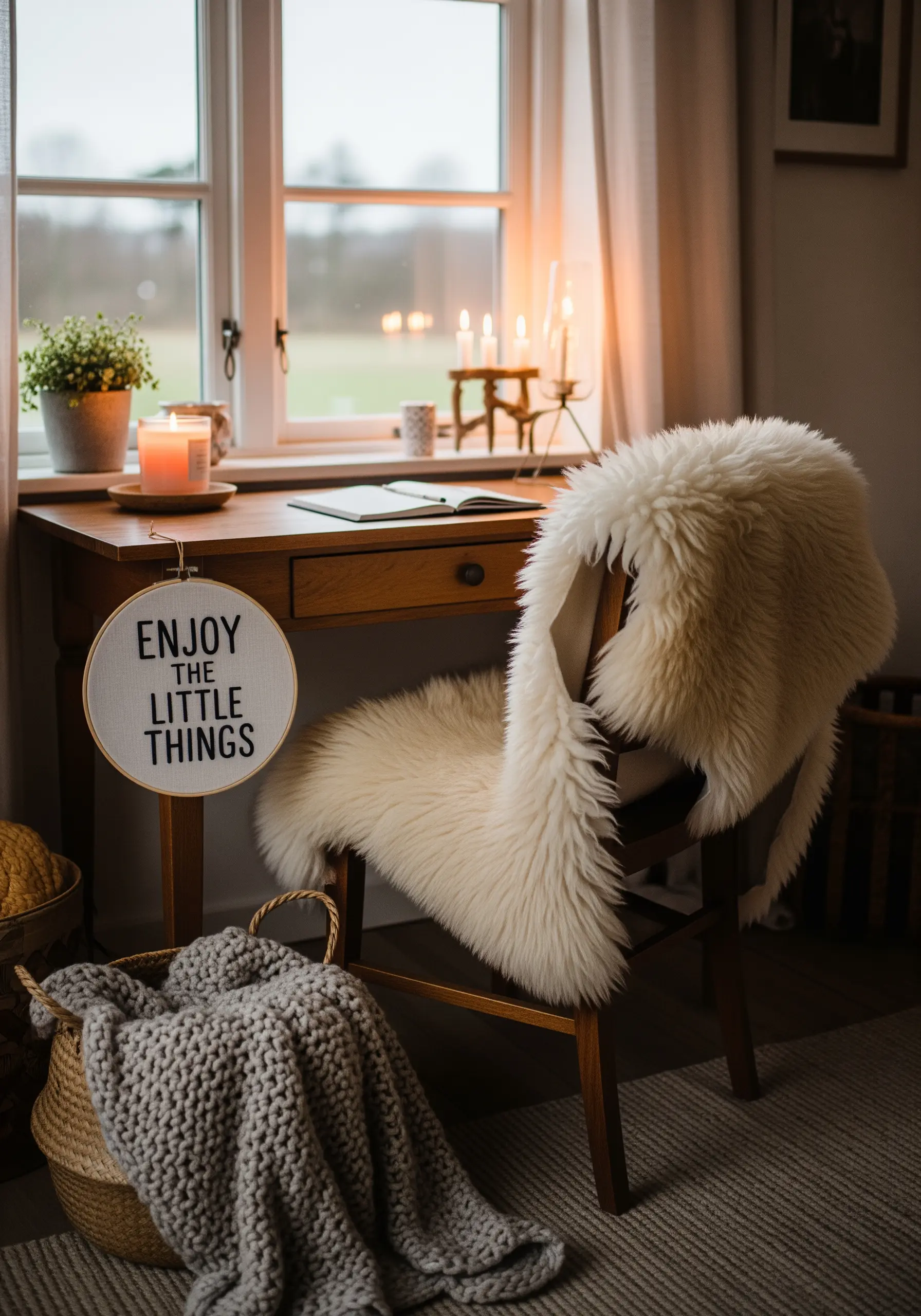 A simple 'Enjoy the Little Things' quote embroidered in a hoop in a cozy room.