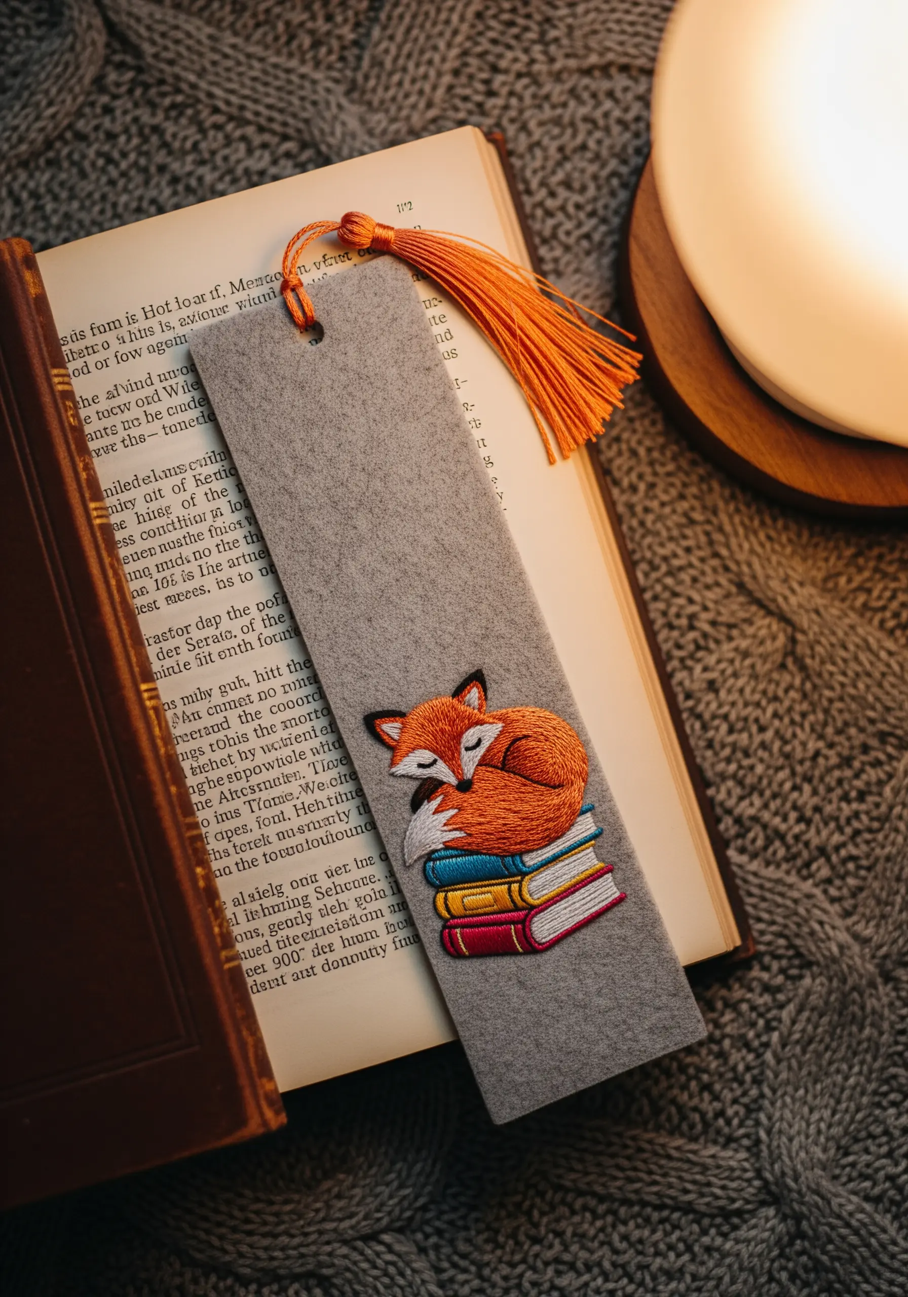 A gray felt bookmark with an embroidered sleeping fox curled up on a stack of colorful books.