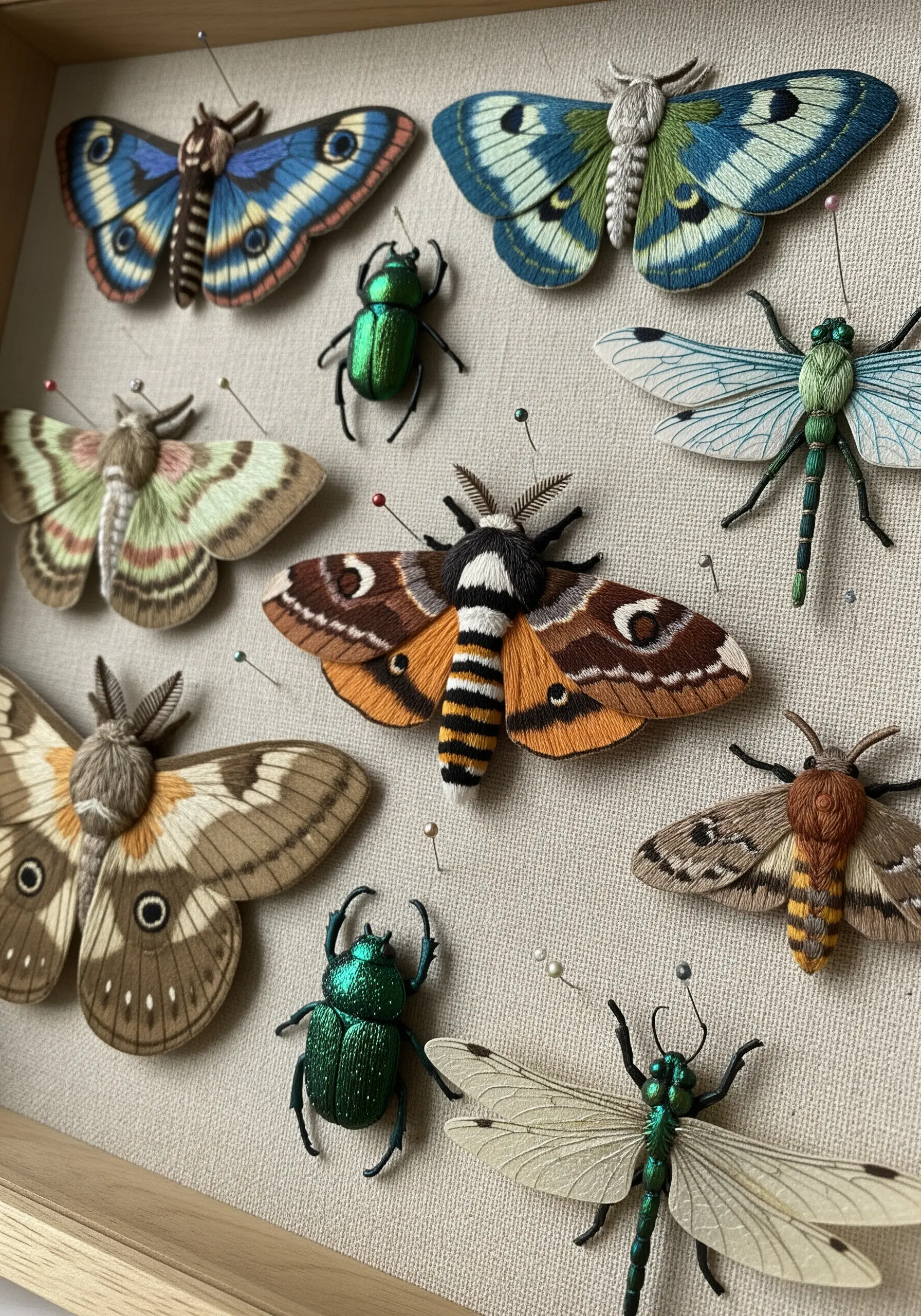 A collection of 3D embroidered insects, including moths and beetles, mounted in a shadow box.
