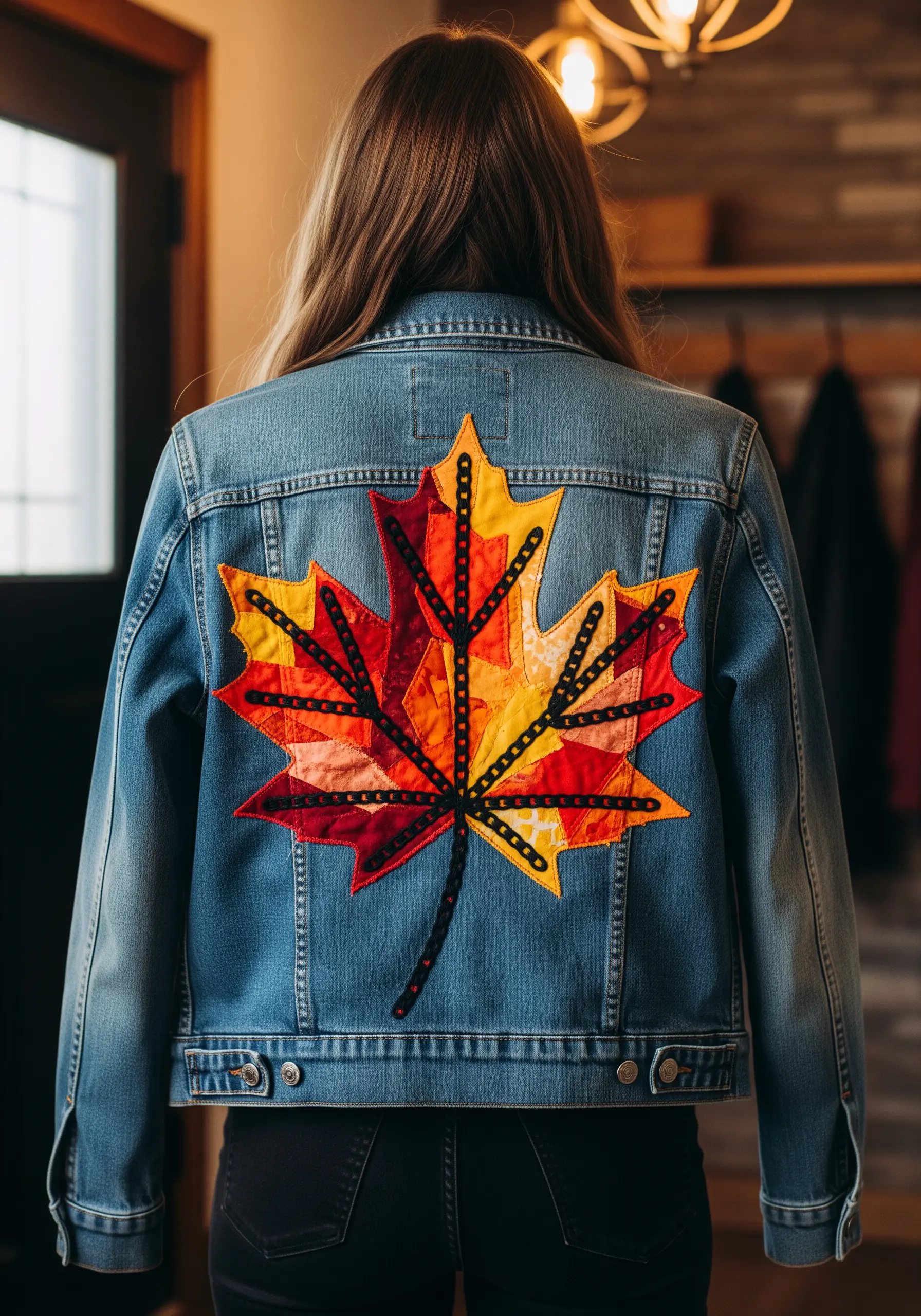 A large maple leaf made from a collage of red and orange fabric on a denim jacket back.