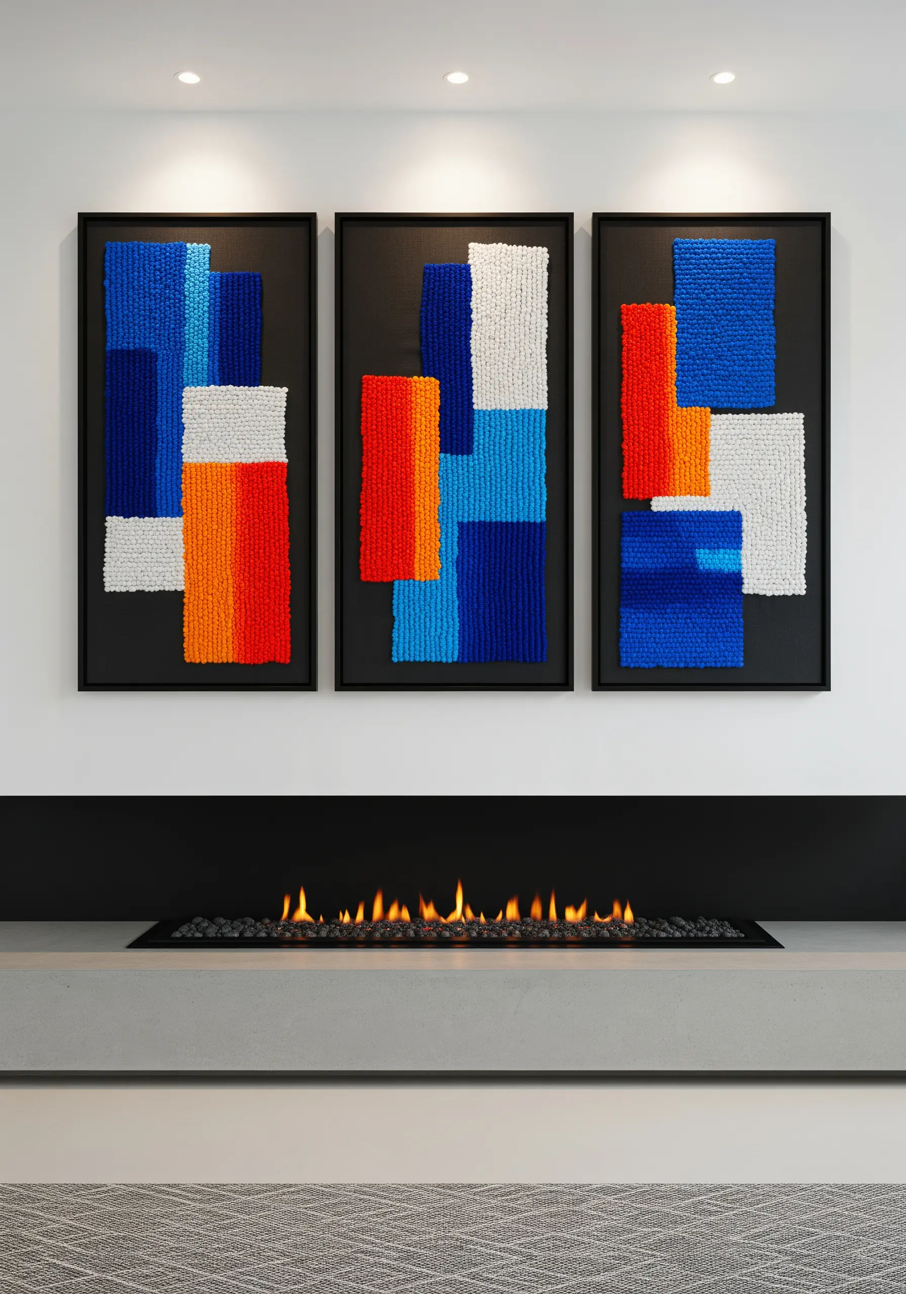 A triptych of abstract punch needle art in blue, orange, and white above a fireplace