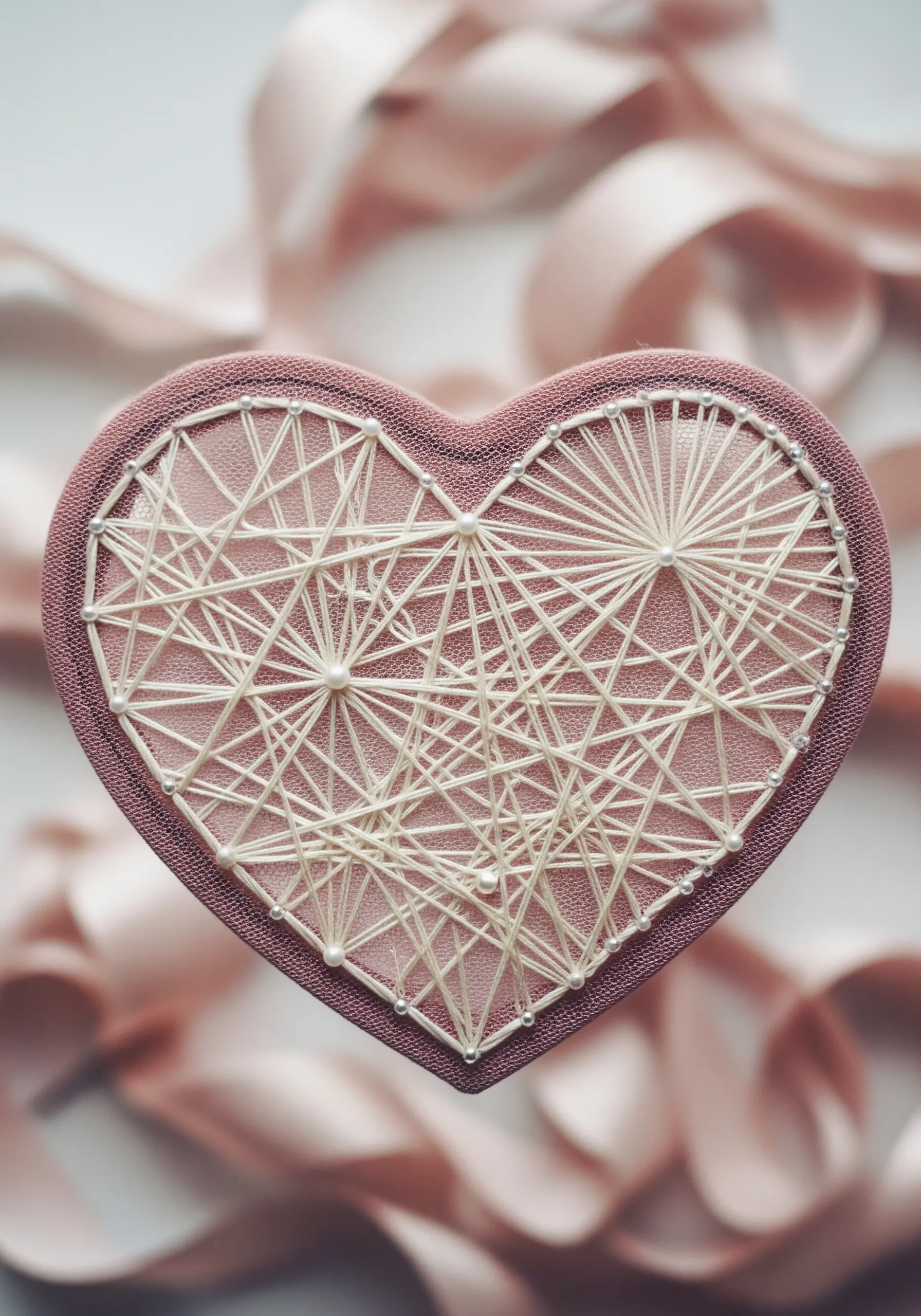 A small, delicate string art heart patch with pearl beads on pink fabric.