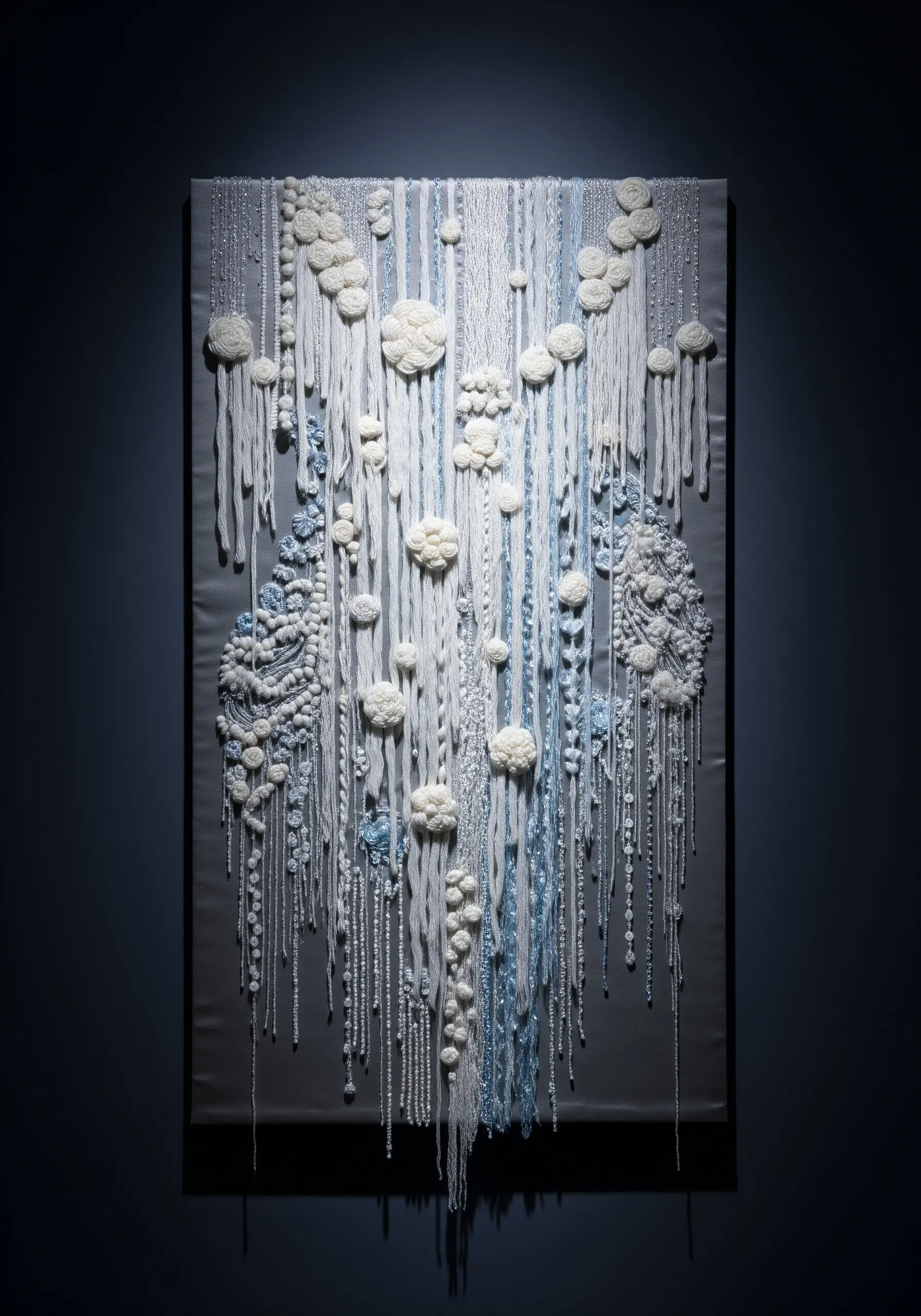 A dramatic wall hanging with cascading white and blue threads, knots, and woven elements.