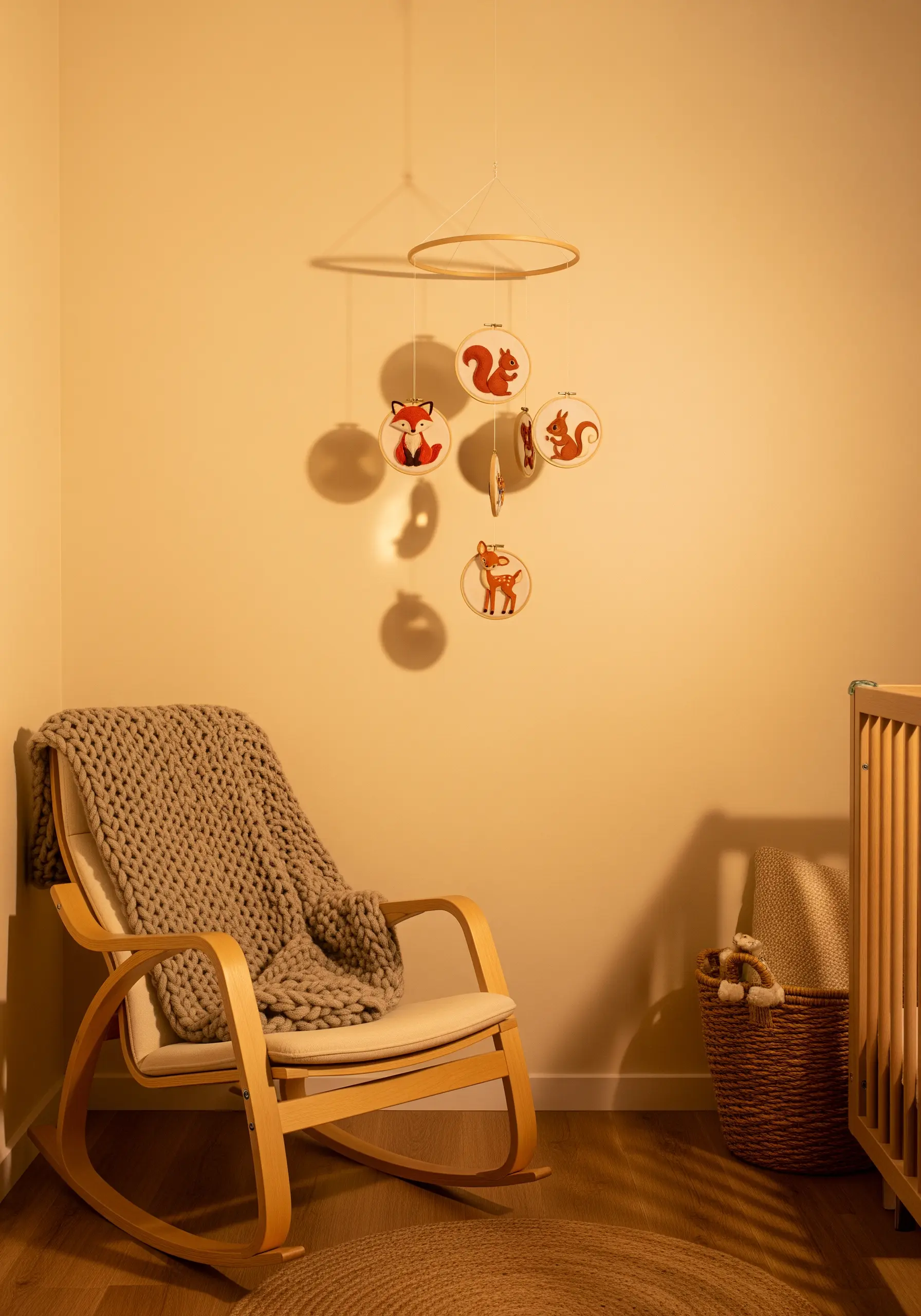 A handmade nursery mobile made from small embroidery hoops with woodland animal motifs.