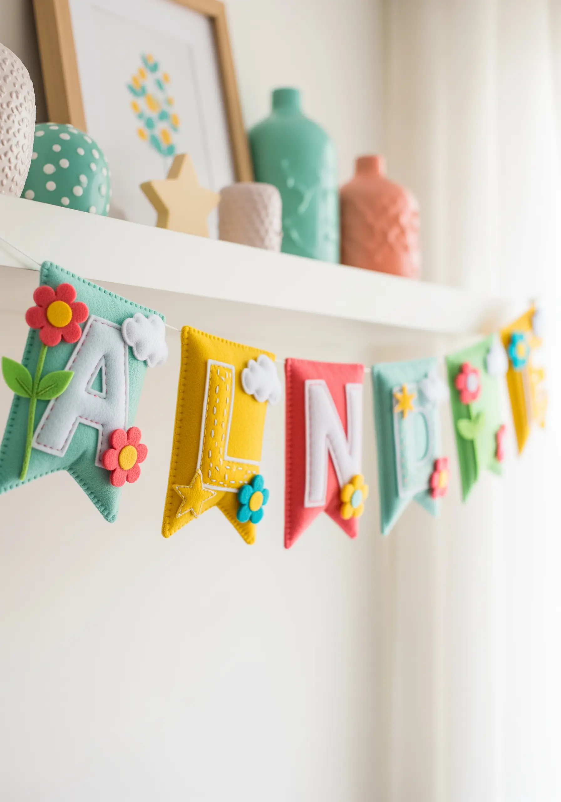 A colorful felt name banner with letters and flower embellishments hanging on a shelf.