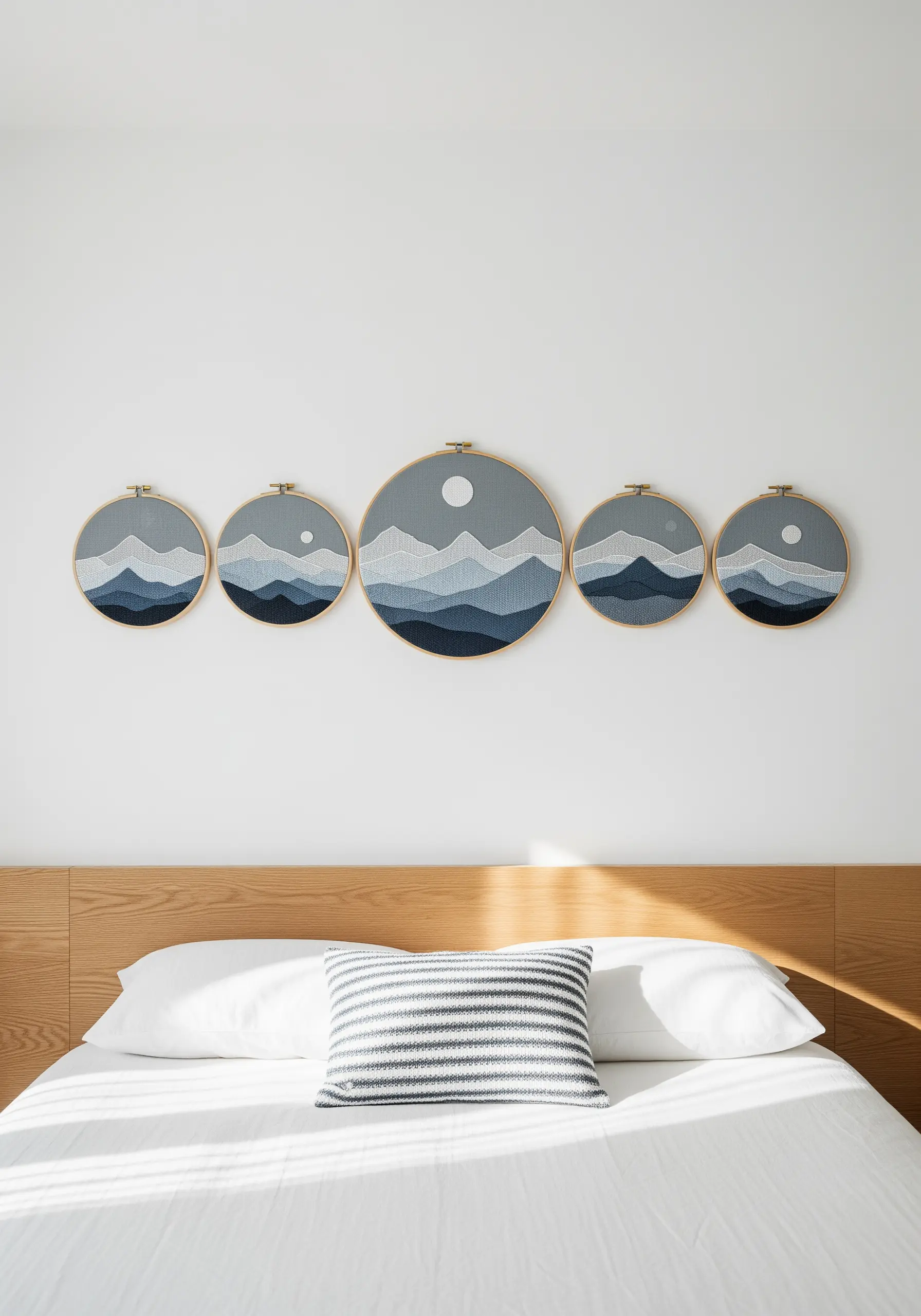 A series of five embroidery hoops forming a continuous blue mountain landscape above a bed.