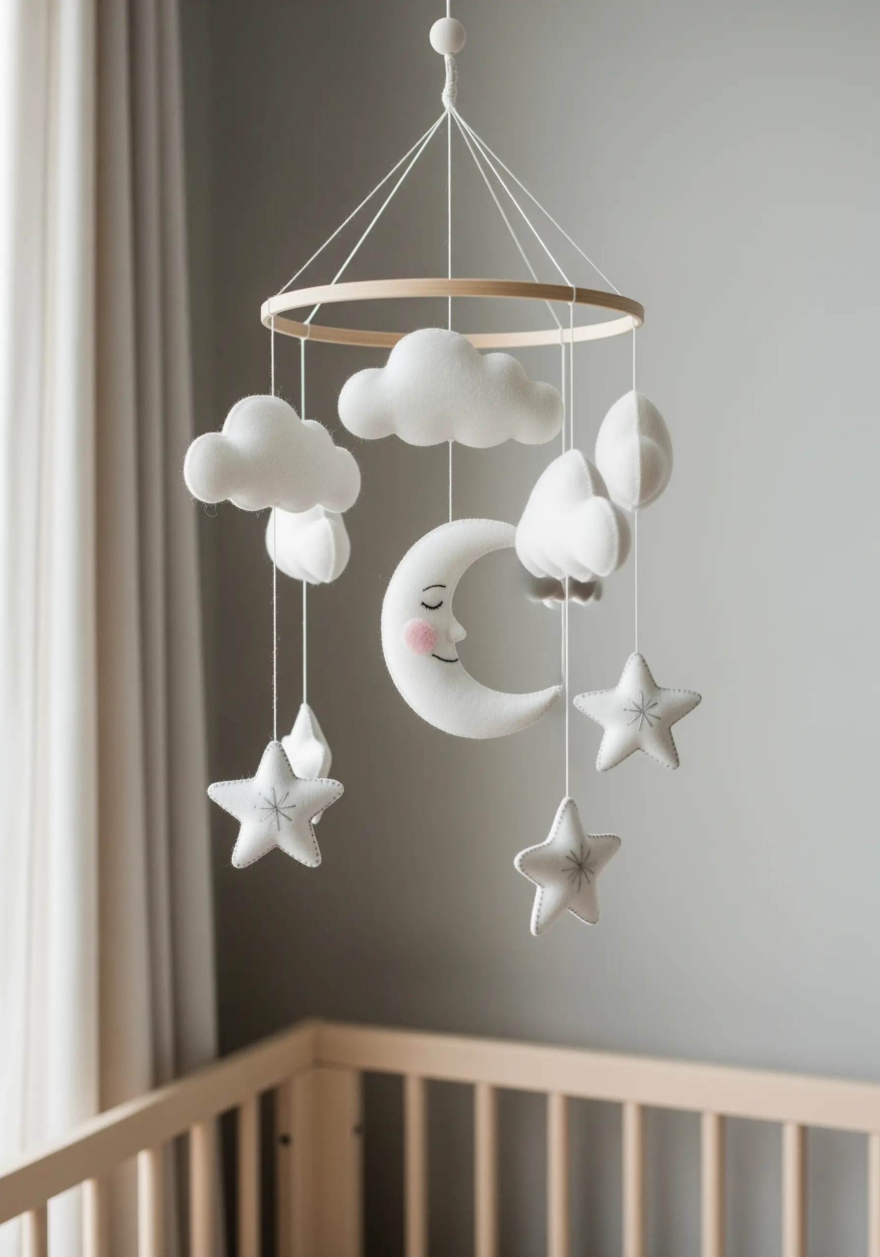 A handmade nursery mobile with soft felt clouds, a moon, and stars.